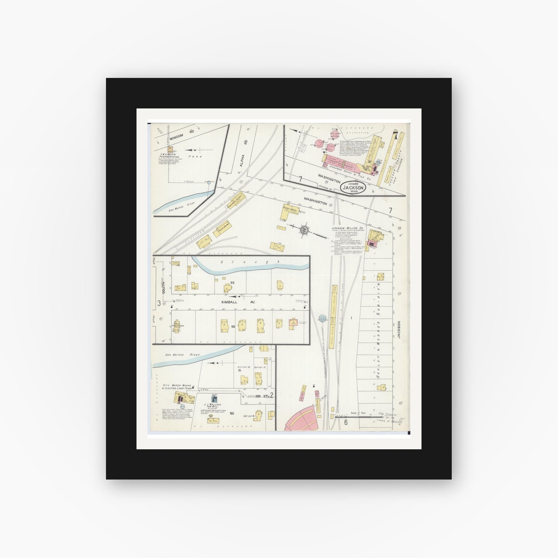 Old map wall art mockup — black gallery frame with white mat — Sanborn Fire Insurance Map from Jackson, Jackson County, Minnesota (1913), Sheet #0007