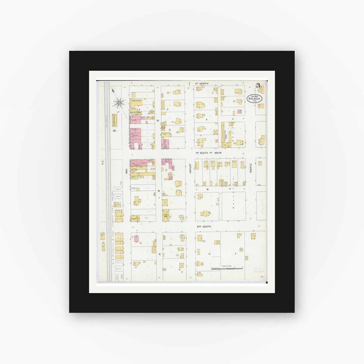 Old map wall art mockup — black gallery frame with white mat — Sanborn Fire Insurance Map from Neoga, Cumberland County, Illinois (1905), Sheet #0003