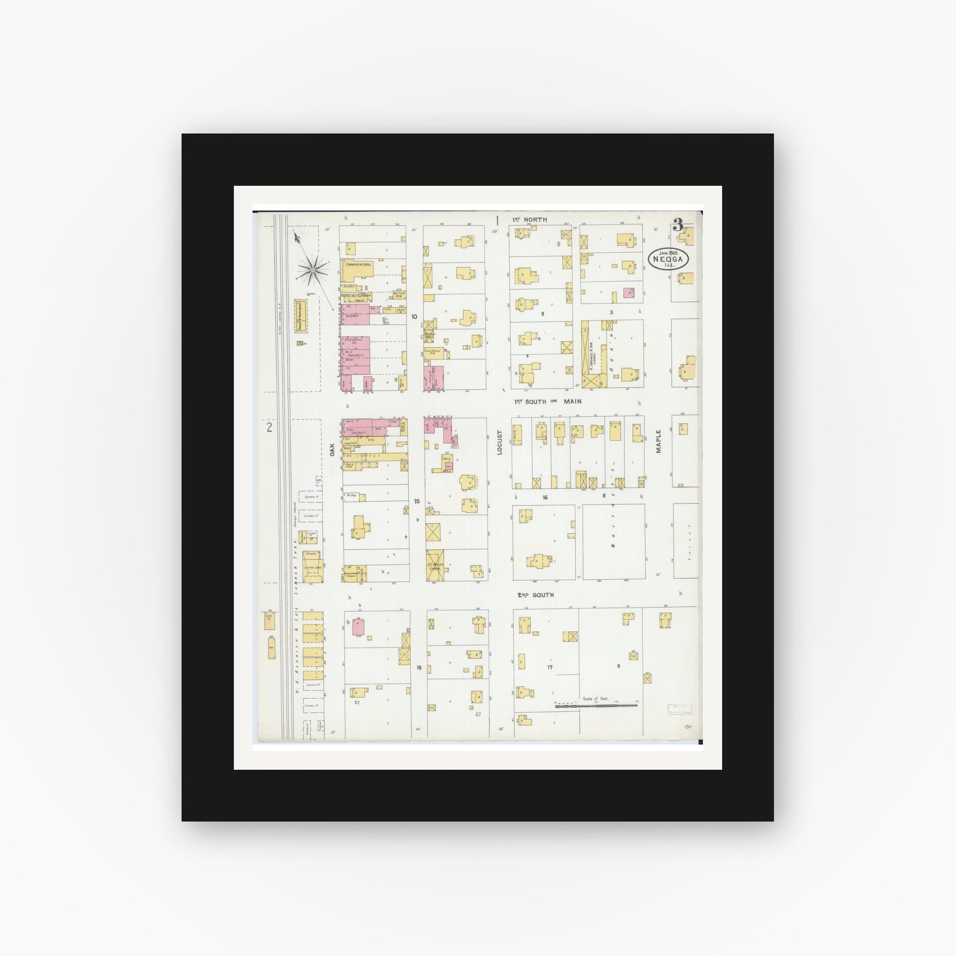 Old map wall art mockup — black gallery frame with white mat — Sanborn Fire Insurance Map from Neoga, Cumberland County, Illinois (1905), Sheet #0003