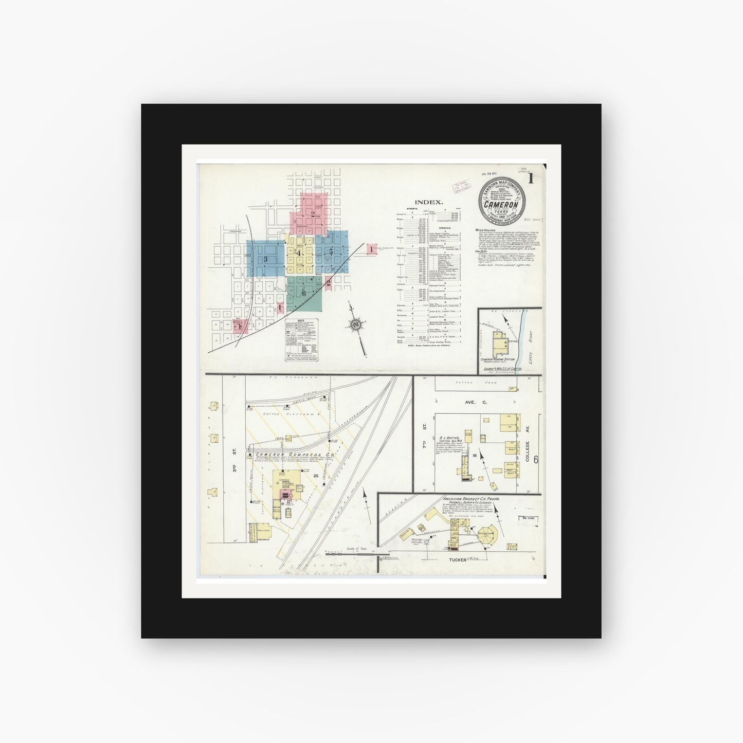 Old map wall art mockup — black gallery frame with white mat — Sanborn Fire Insurance Map from Cameron, Milam County, Texas (1912), Sheet #0001