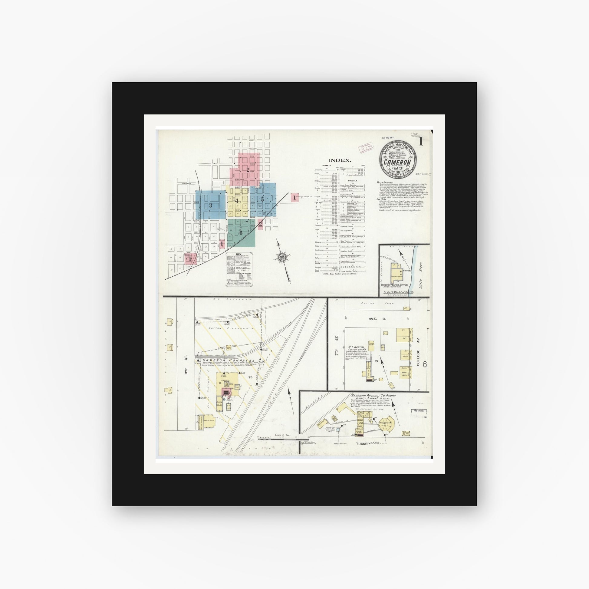 Old map wall art mockup — black gallery frame with white mat — Sanborn Fire Insurance Map from Cameron, Milam County, Texas (1912), Sheet #0001
