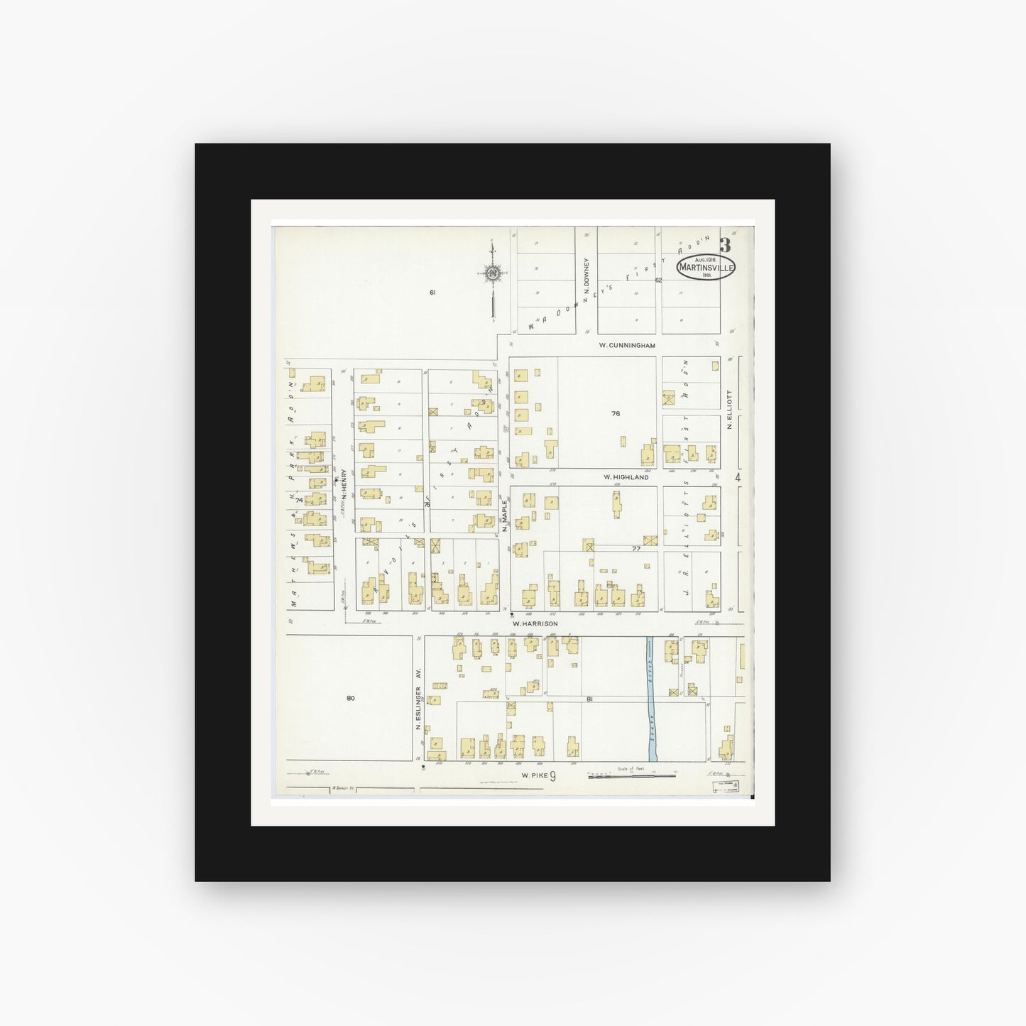 Old map wall art mockup — black gallery frame with white mat — Sanborn Fire Insurance Map from Martinsville, Morgan County, Indiana (1916), Sheet #0003