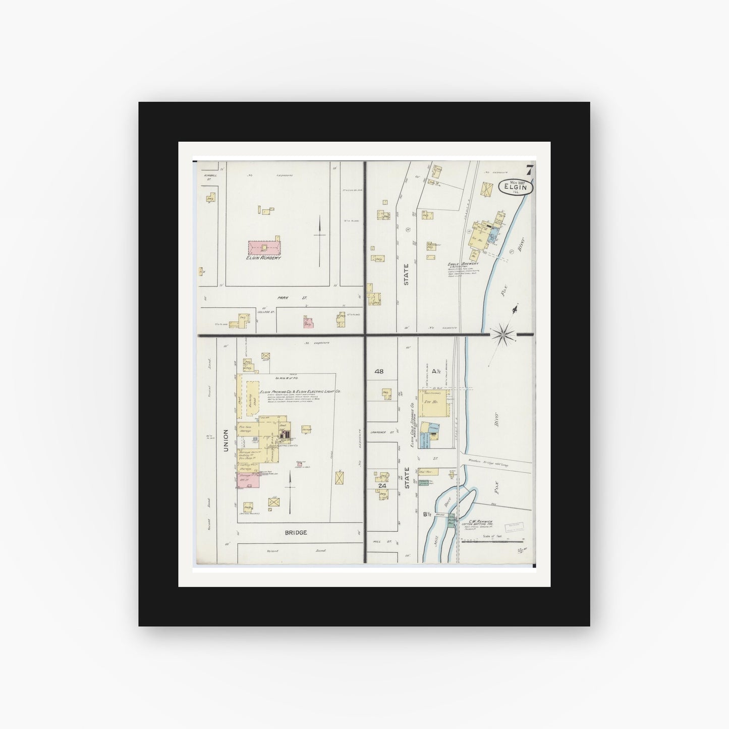 Old map wall art mockup — black gallery frame with white mat — Sanborn Fire Insurance Map from Elgin, Kane County, Illinois (1887), Sheet #0007