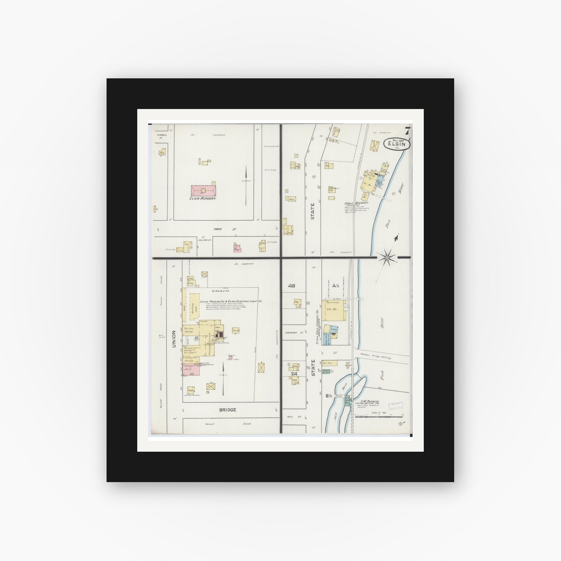 Old map wall art mockup — black gallery frame with white mat — Sanborn Fire Insurance Map from Elgin, Kane County, Illinois (1887), Sheet #0007