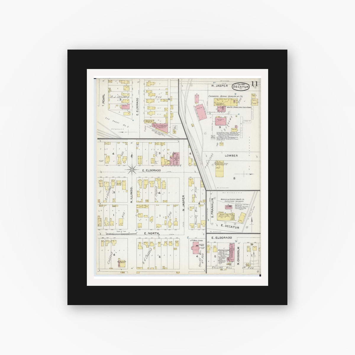 Old map wall art mockup — black gallery frame with white mat — Sanborn Fire Insurance Map from Decatur, Macon County, Illinois (1892), Sheet #0011