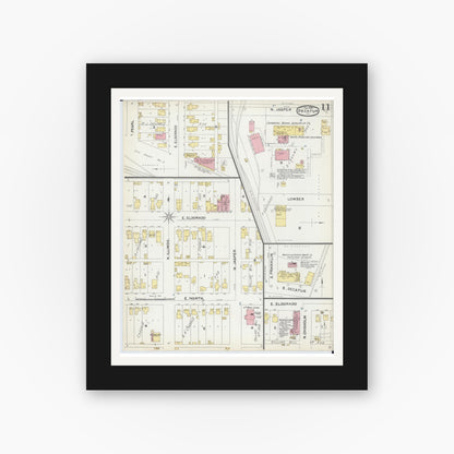 Old map wall art mockup — black gallery frame with white mat — Sanborn Fire Insurance Map from Decatur, Macon County, Illinois (1892), Sheet #0011