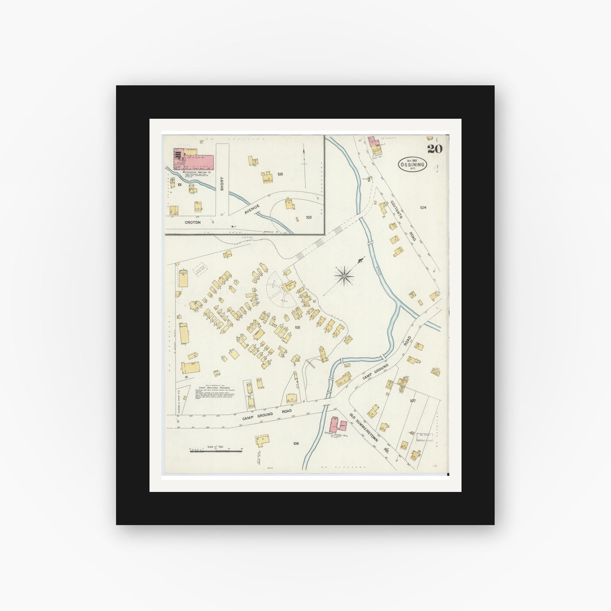 Old map wall art mockup — black gallery frame with white mat — Sanborn Fire Insurance Map from Ossining, Westchester County, New York (1903), Sheet #0020