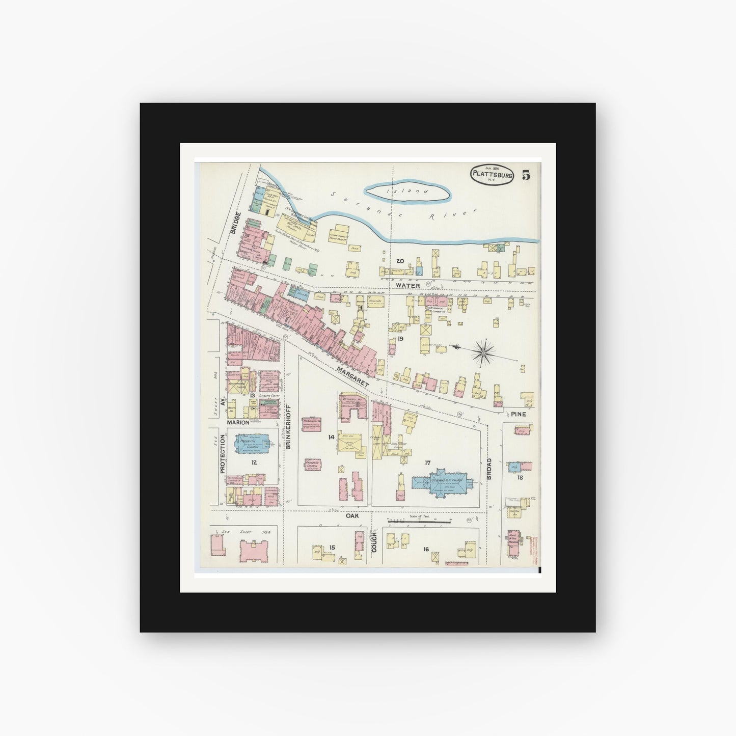 Old map wall art mockup — black gallery frame with white mat — Sanborn Fire Insurance Map from Plattsburg, Clinton County, New York (1891), Sheet #0005