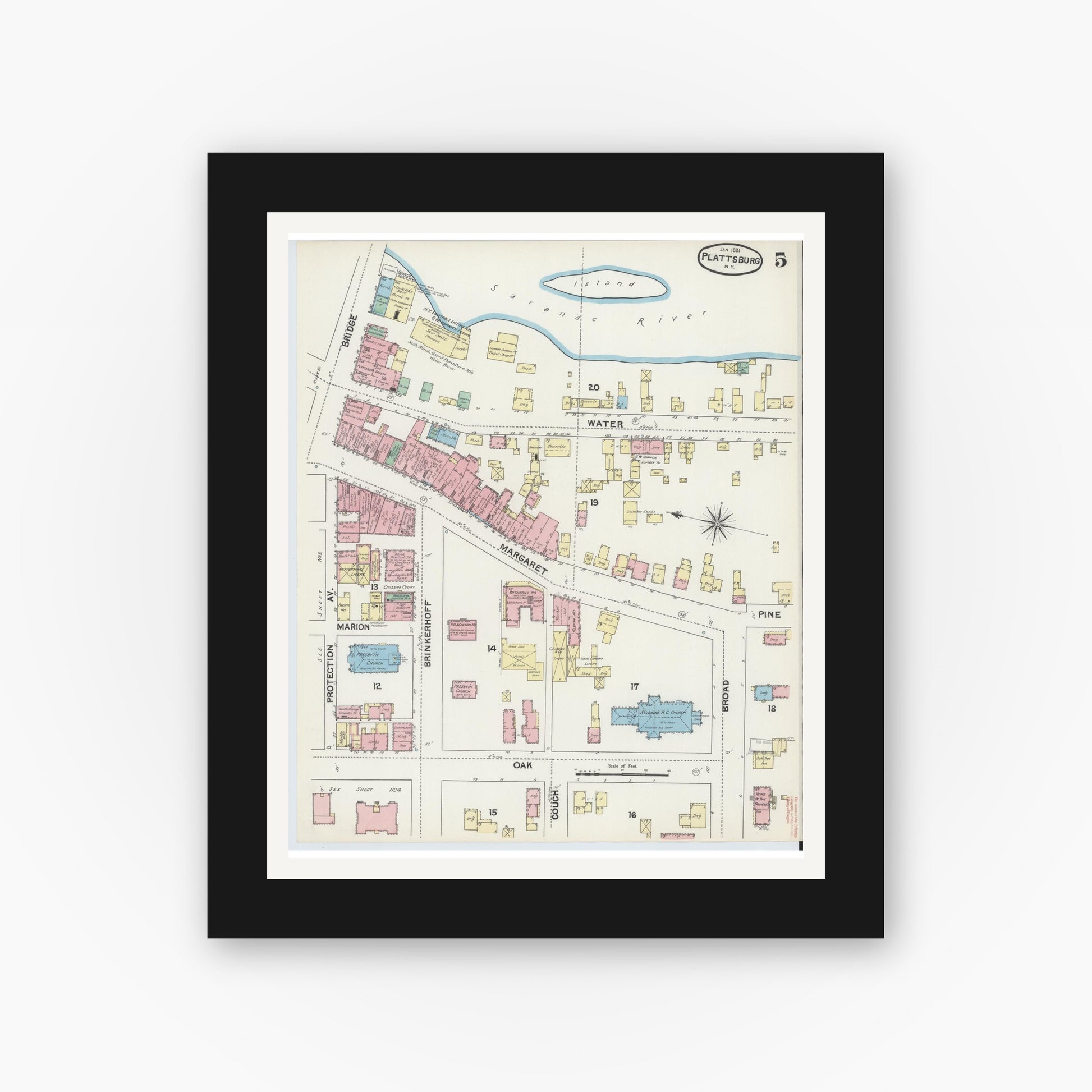 Old map wall art mockup — black gallery frame with white mat — Sanborn Fire Insurance Map from Plattsburg, Clinton County, New York (1891), Sheet #0005