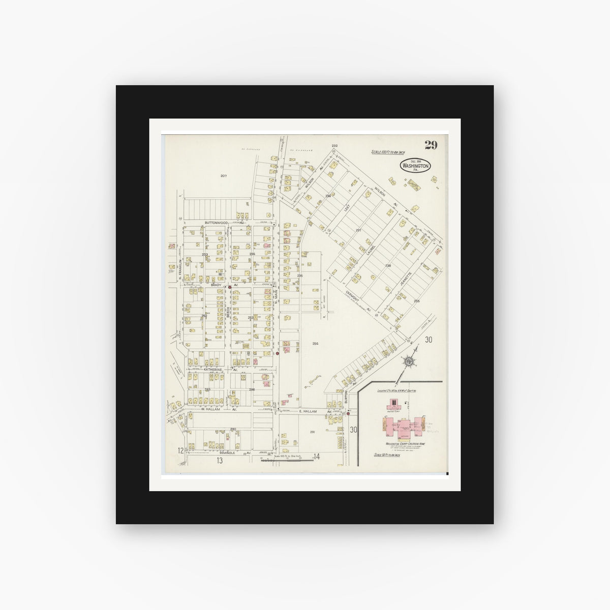 Old map wall art mockup — black gallery frame with white mat — Sanborn Fire Insurance Map from Washington, Washington County, Pennsylvania (1914), Sheet #0029