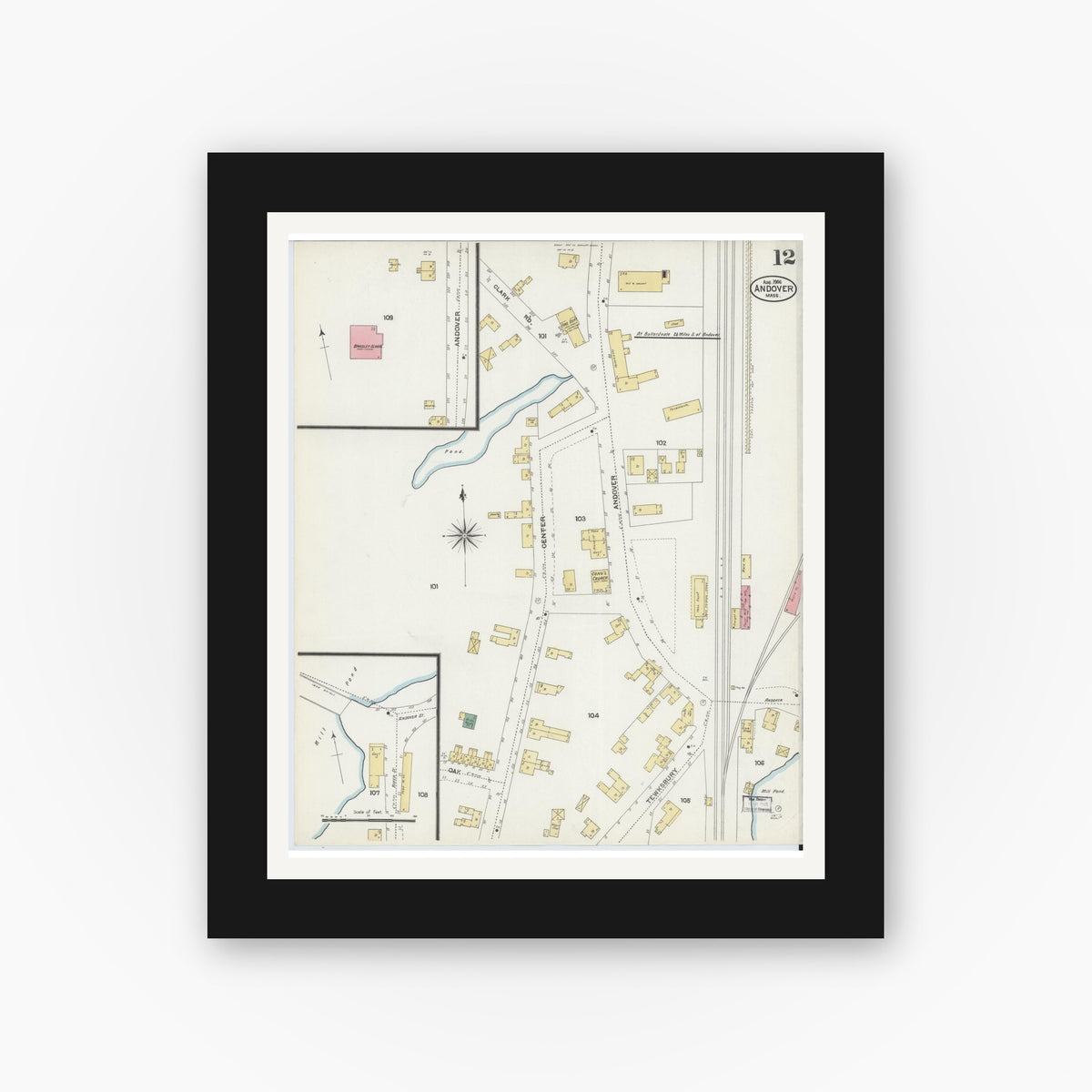 Old map wall art mockup — black gallery frame with white mat — Sanborn Fire Insurance Map from Andover, Essex County, Massachusetts (1906), Sheet #0012