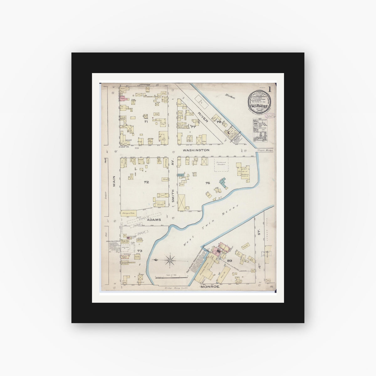 Old map wall art mockup — black gallery frame with white mat — Sanborn Fire Insurance Map from Two Rivers, Manitowoc County, Wisconsin (1885) - Complete Map Set