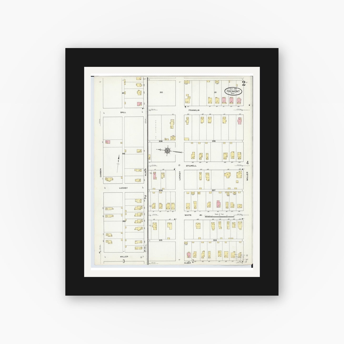 Old map wall art mockup — black gallery frame with white mat — Sanborn Fire Insurance Map from Fremont, Sandusky County, Ohio (1910), Sheet #0002
