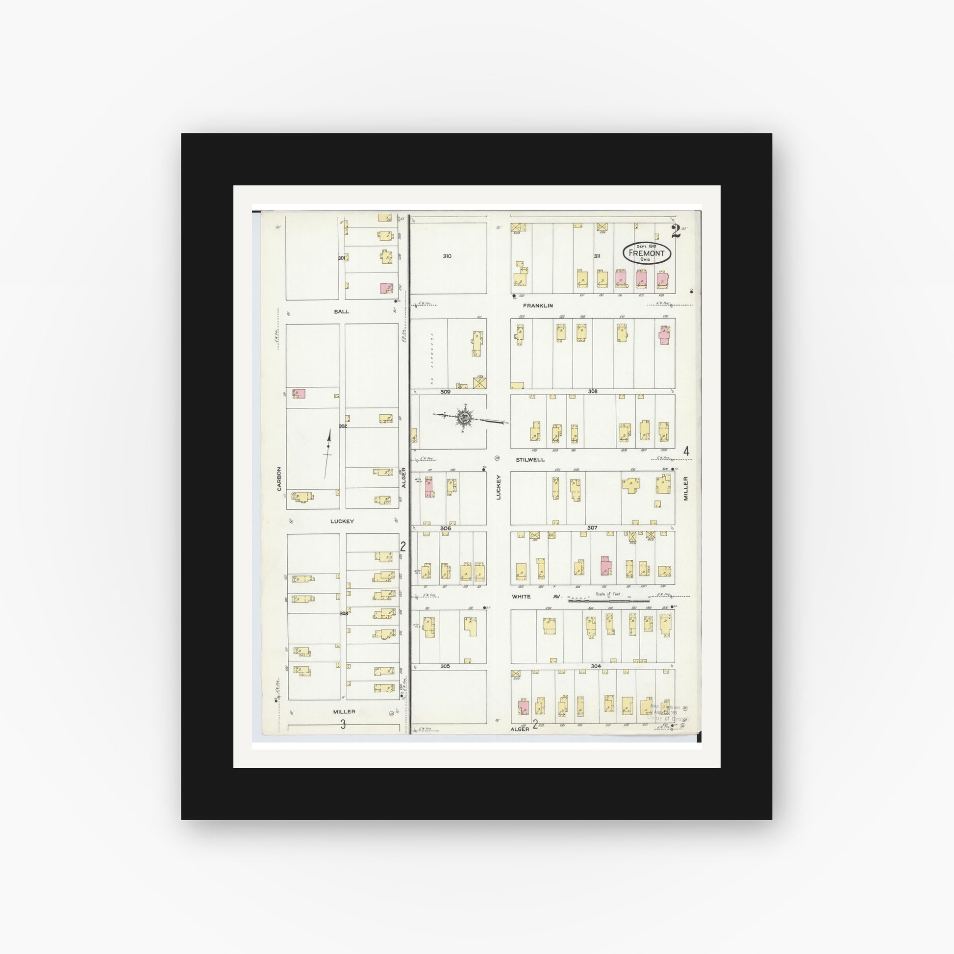 Old map wall art mockup — black gallery frame with white mat — Sanborn Fire Insurance Map from Fremont, Sandusky County, Ohio (1910), Sheet #0002