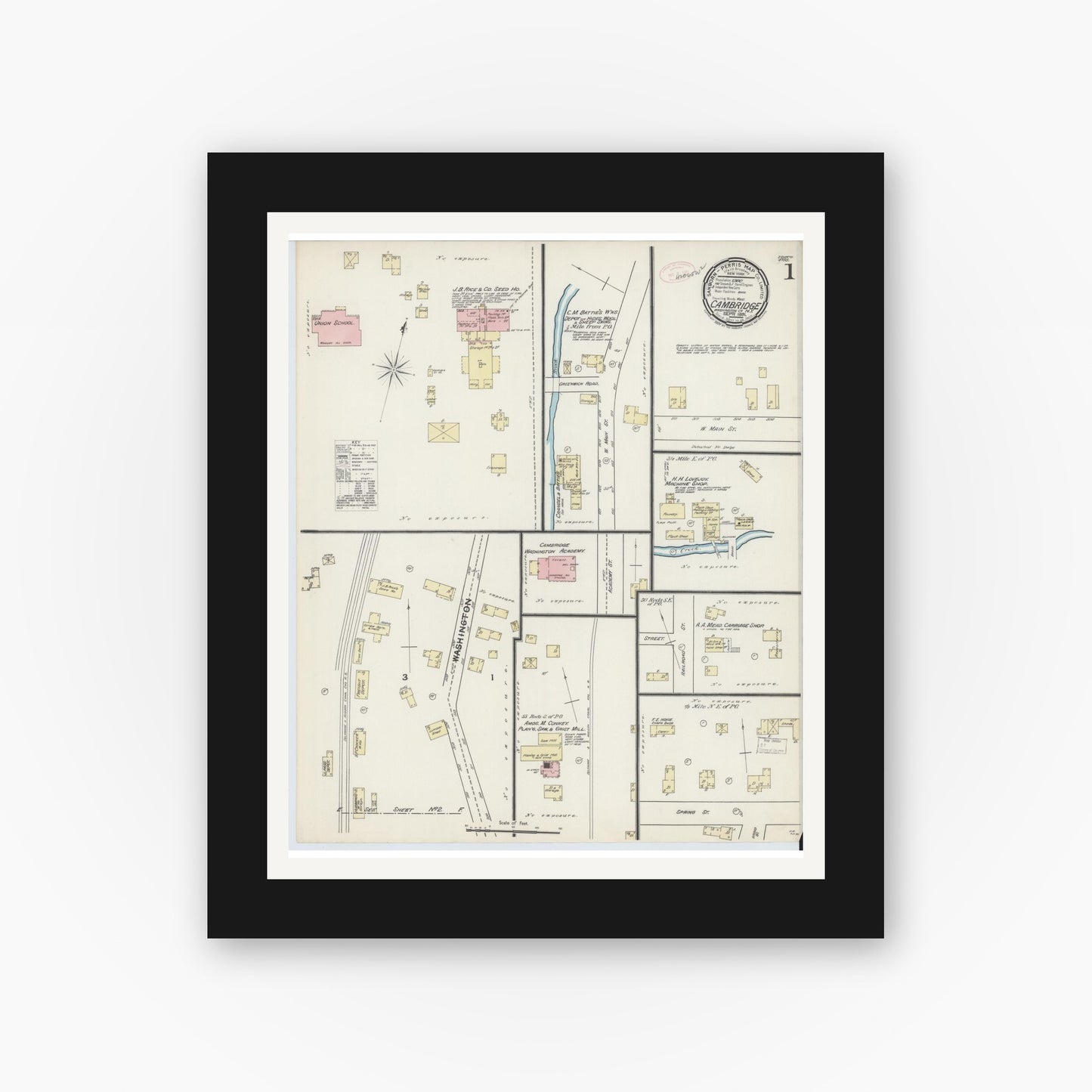 Old map wall art mockup — black gallery frame with white mat — Sanborn Fire Insurance Map from Cambridge, Washington County, New York (1891) - Complete Map Set