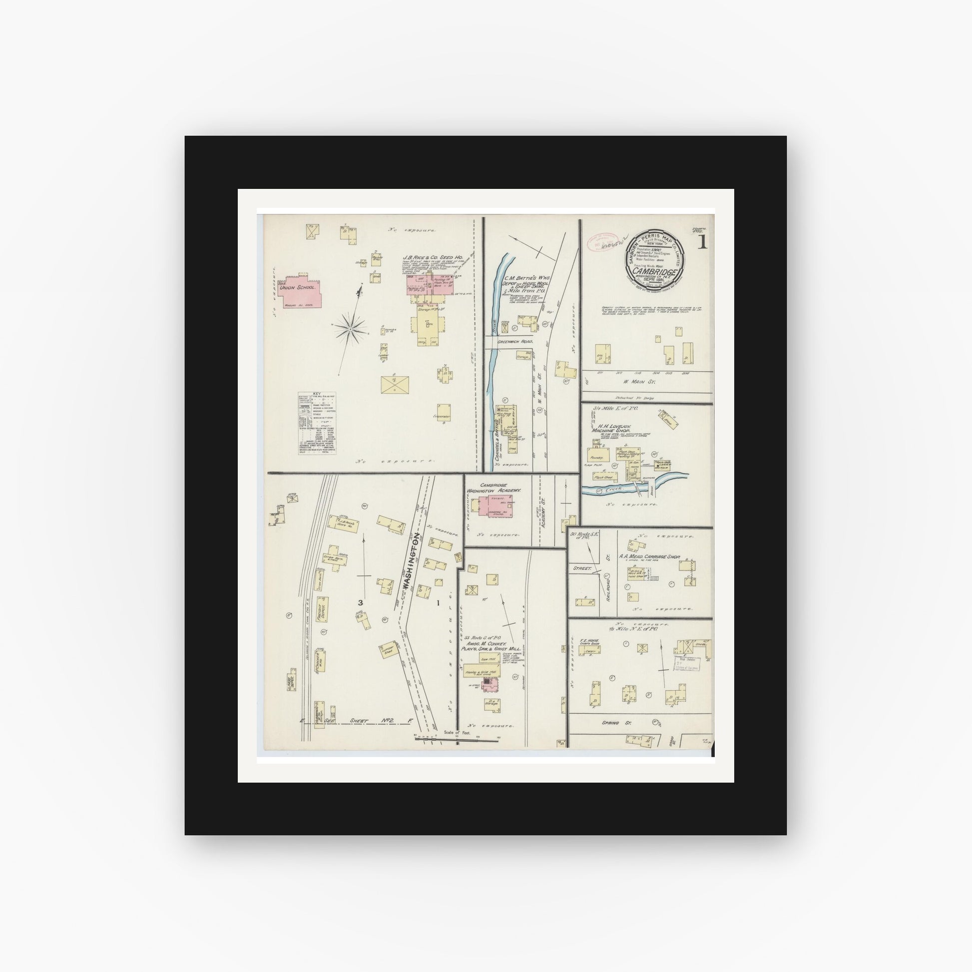 Old map wall art mockup — black gallery frame with white mat — Sanborn Fire Insurance Map from Cambridge, Washington County, New York (1891) - Complete Map Set