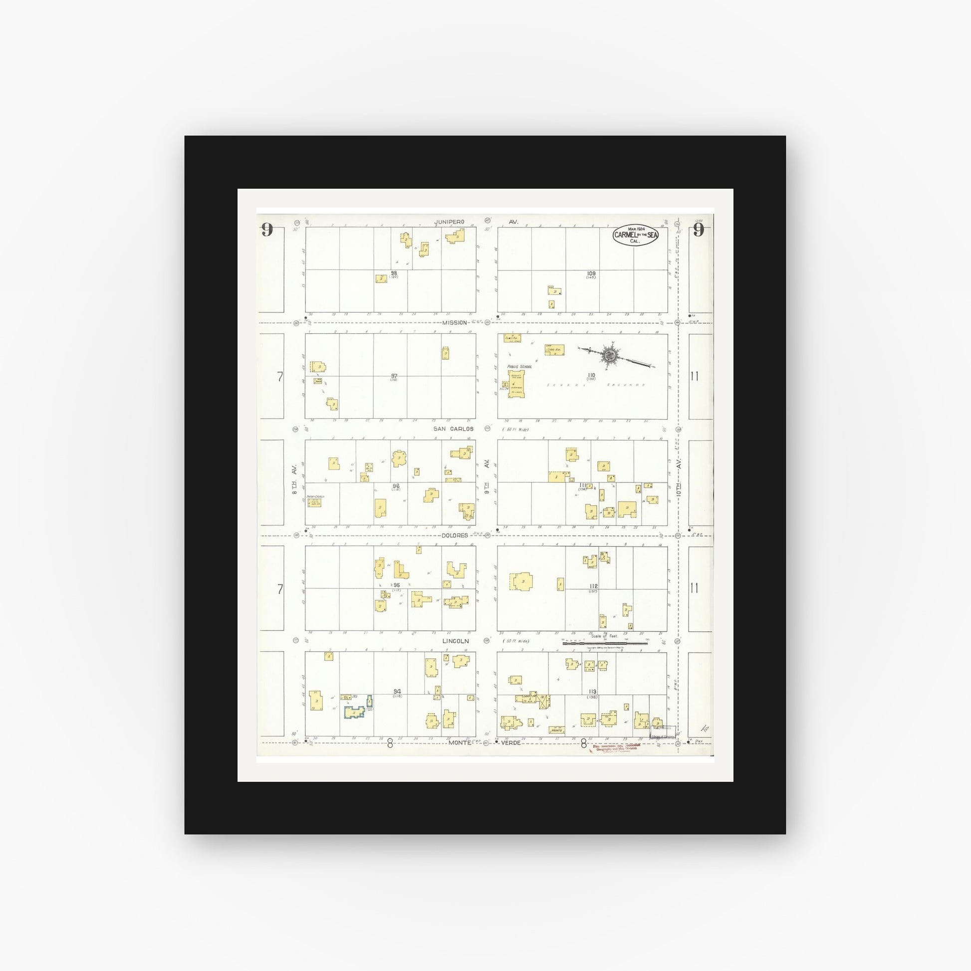 Old map wall art mockup — black gallery frame with white mat — Sanborn Fire Insurance Map from Carmel By The Sea, Monterey County, California (1924), Sheet #0009