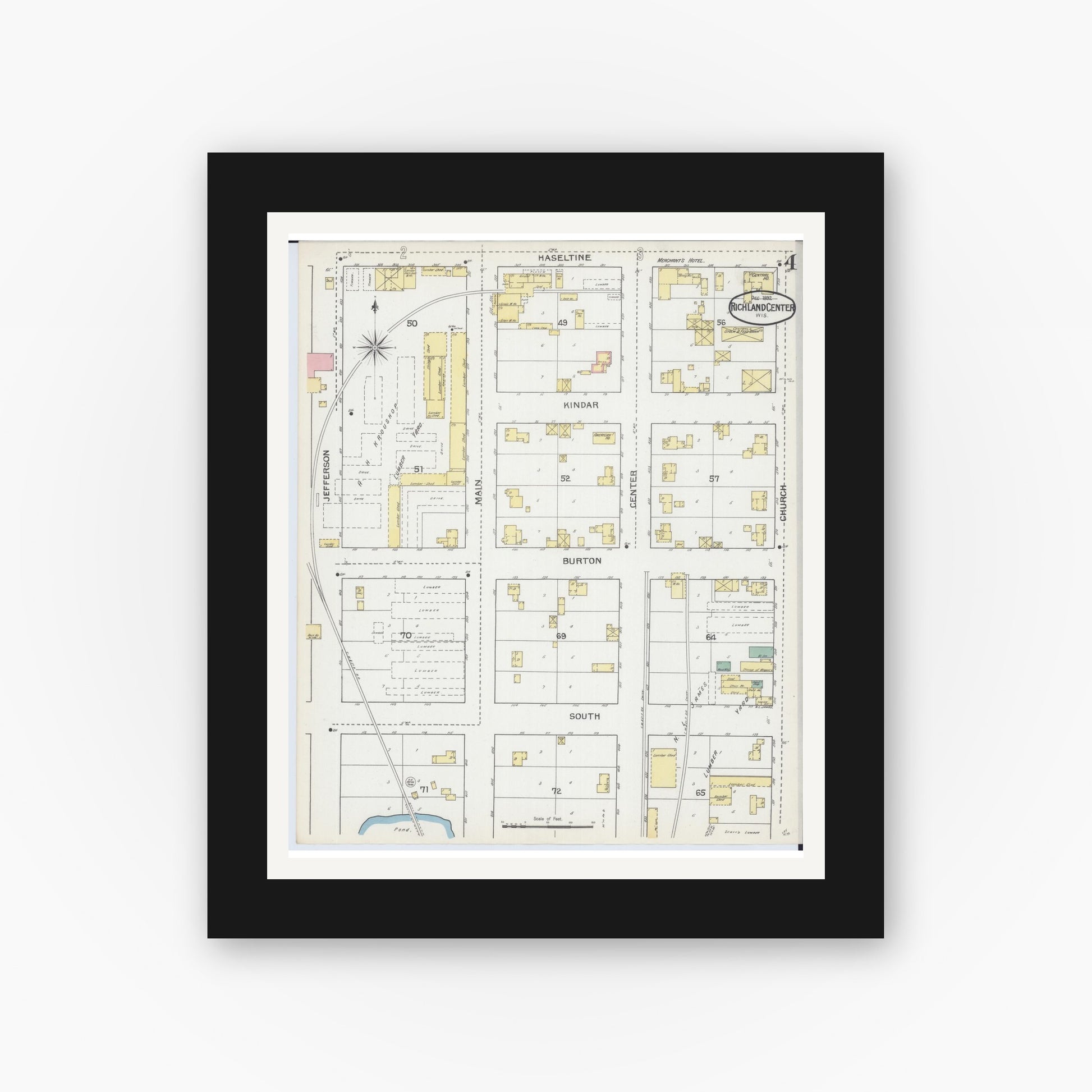 Old map wall art mockup — black gallery frame with white mat — Sanborn Fire Insurance Map from Richland Center, Richland County, Wisconsin (1892), Sheet #0004