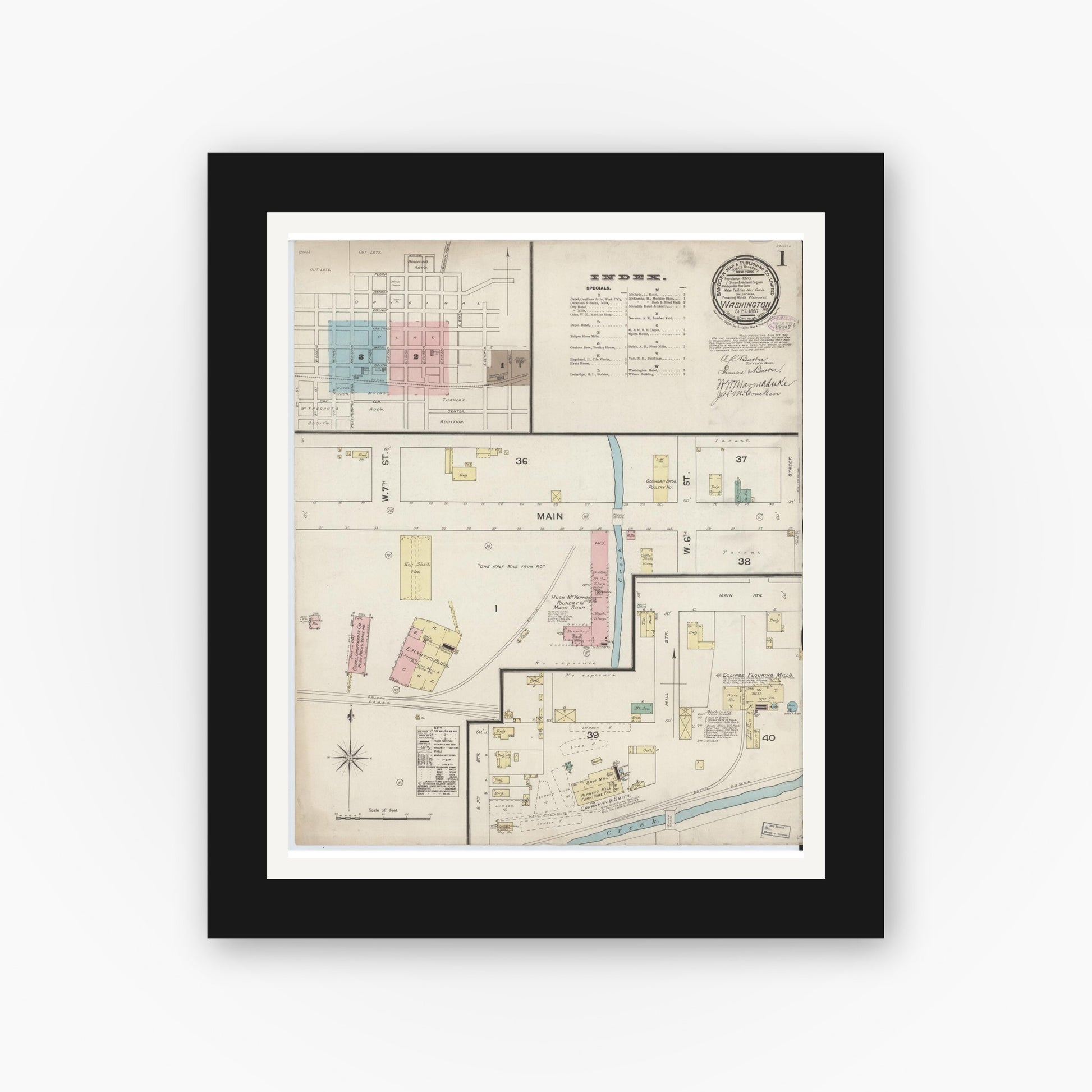 Old map wall art mockup — black gallery frame with white mat — Sanborn Fire Insurance Map from Washington, Daviess County, Indiana (1887) - Complete Map Set