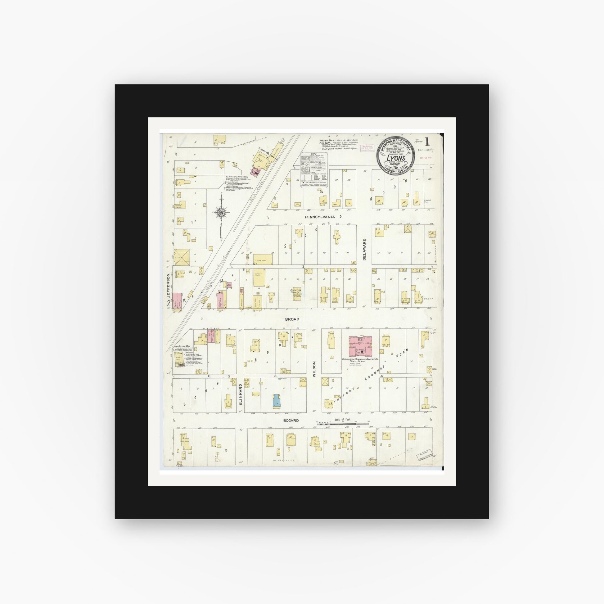 Old map wall art mockup — black gallery frame with white mat — Sanborn Fire Insurance Map from Lyons, Greene County, Indiana (1910) - Complete Map Set