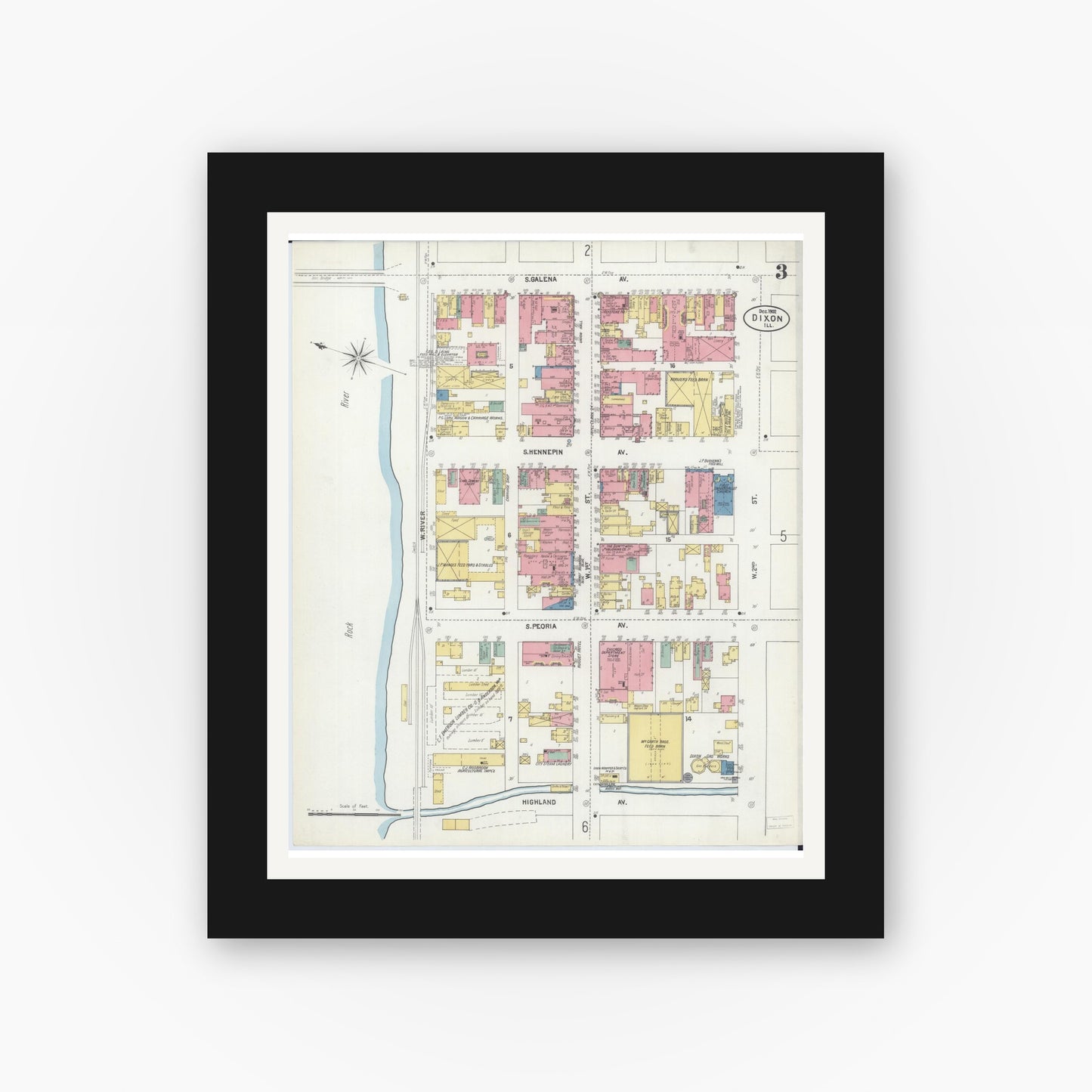 Old map wall art mockup — black gallery frame with white mat — Sanborn Fire Insurance Map from Dixon, Lee County, Illinois (1902), Sheet #0003