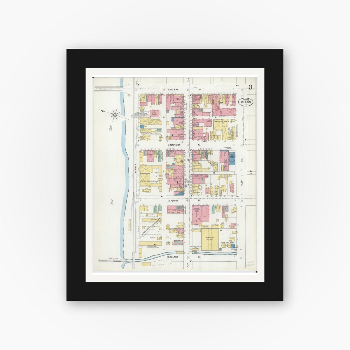 Old map wall art mockup — black gallery frame with white mat — Sanborn Fire Insurance Map from Dixon, Lee County, Illinois (1902), Sheet #0003