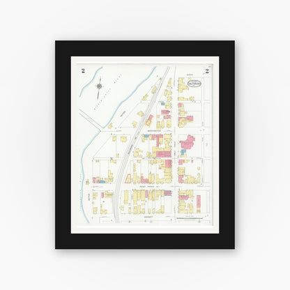 Old map wall art mockup — black gallery frame with white mat — Sanborn Fire Insurance Map from Saltsburg, Indiana County, Pennsylvania (1927), Sheet #0002