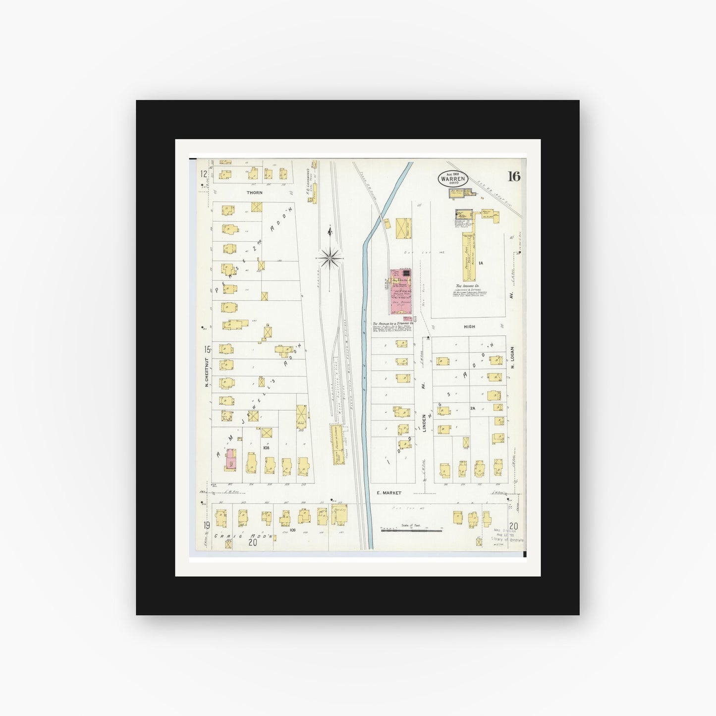 Old map wall art mockup — black gallery frame with white mat — Sanborn Fire Insurance Map from Warren, Trumbull County, Ohio (1908), Sheet #0016