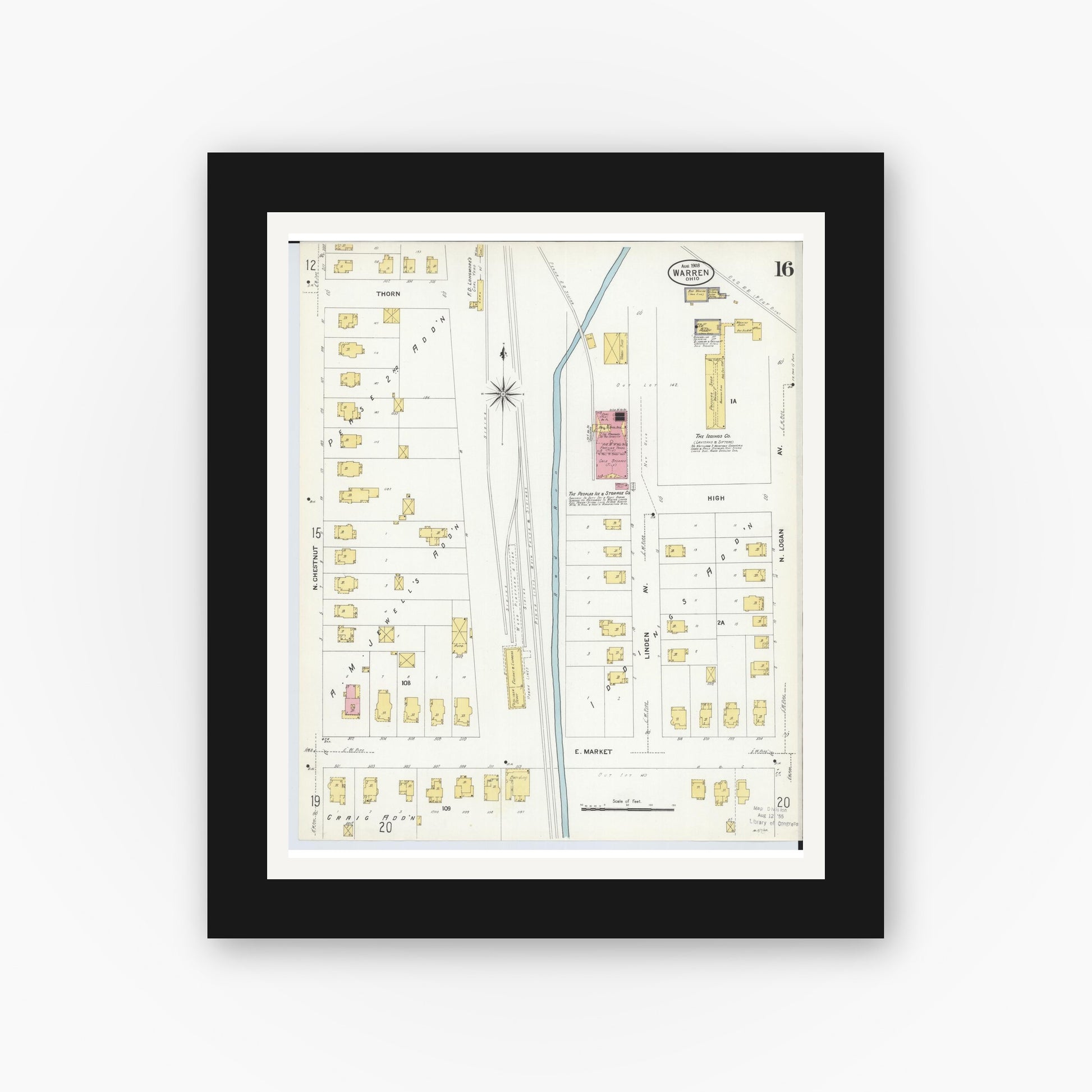 Old map wall art mockup — black gallery frame with white mat — Sanborn Fire Insurance Map from Warren, Trumbull County, Ohio (1908), Sheet #0016
