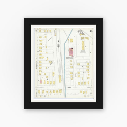 Old map wall art mockup — black gallery frame with white mat — Sanborn Fire Insurance Map from Warren, Trumbull County, Ohio (1908), Sheet #0016