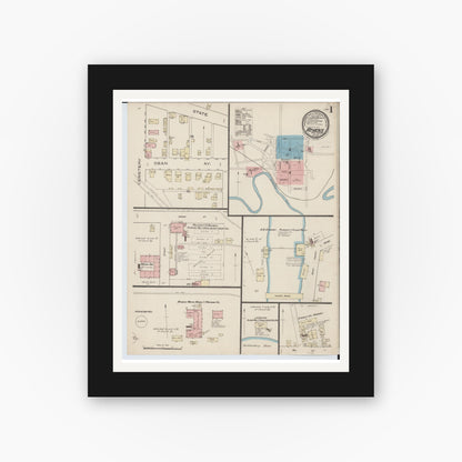 Old map wall art mockup — black gallery frame with white mat — Sanborn Fire Insurance Map from Athens, Athens County, Ohio (1885), Sheet #0001