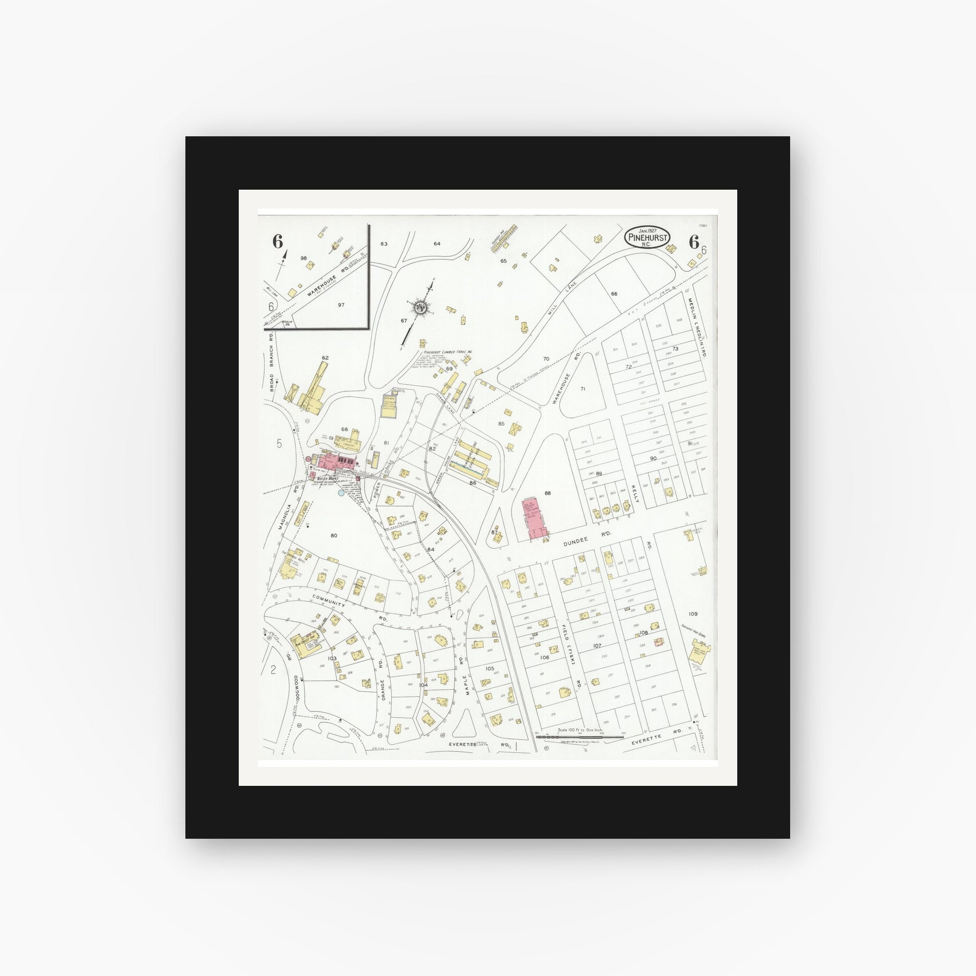 Old map wall art mockup — black gallery frame with white mat — Sanborn Fire Insurance Map from Pinehurst, Moore County, North Carolina (1927), Sheet #0006
