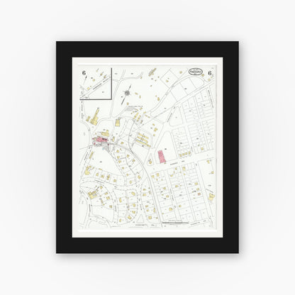 Old map wall art mockup — black gallery frame with white mat — Sanborn Fire Insurance Map from Pinehurst, Moore County, North Carolina (1927), Sheet #0006