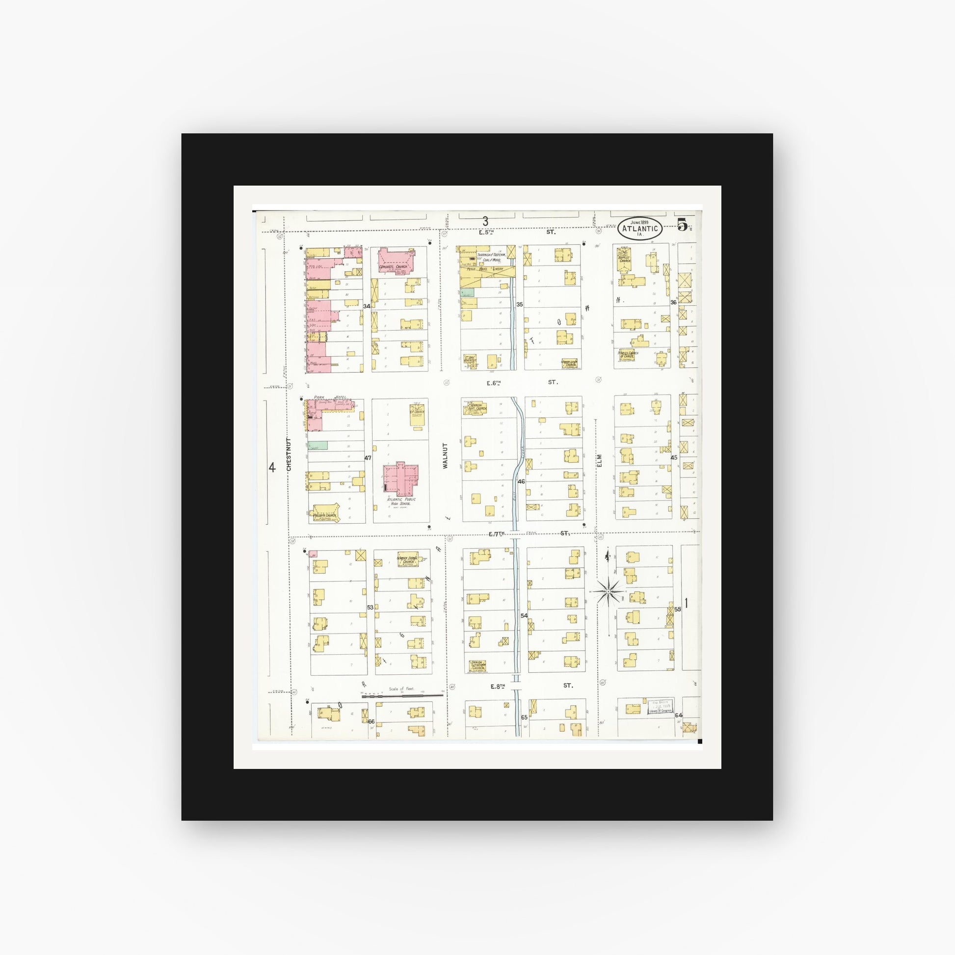 Old map wall art mockup — black gallery frame with white mat — Sanborn Fire Insurance Map from Atlantic, Cass County, Iowa (1899), Sheet #0005