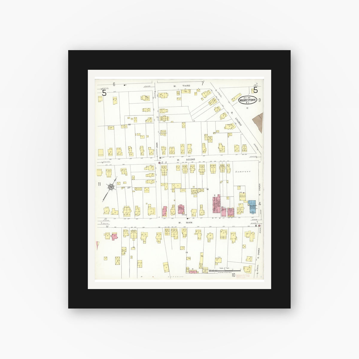 Old map wall art mockup — black gallery frame with white mat — Sanborn Fire Insurance Map from Moorestown, Burlington County, New Jersey (1923), Sheet #0005
