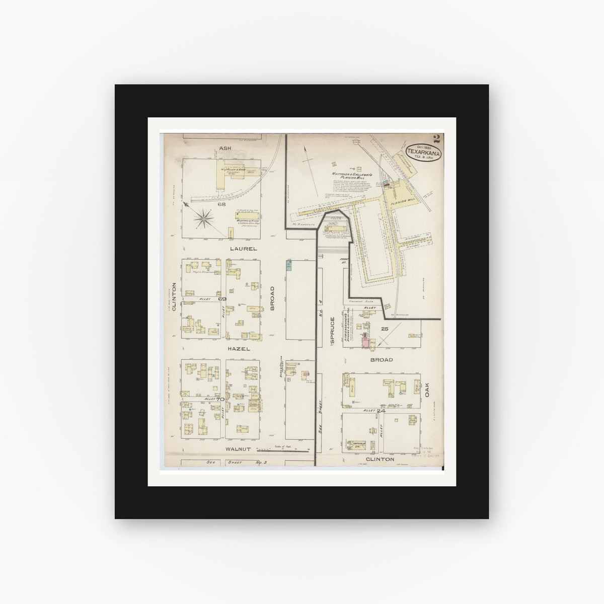 Old map wall art mockup — black gallery frame with white mat — Sanborn Fire Insurance Map from Texarkana, Bowie County, Texas (1885), Sheet #0002