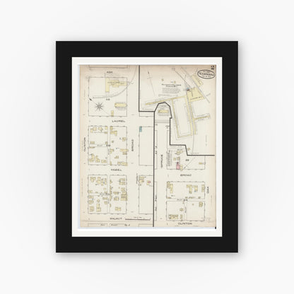 Old map wall art mockup — black gallery frame with white mat — Sanborn Fire Insurance Map from Texarkana, Bowie County, Texas (1885), Sheet #0002
