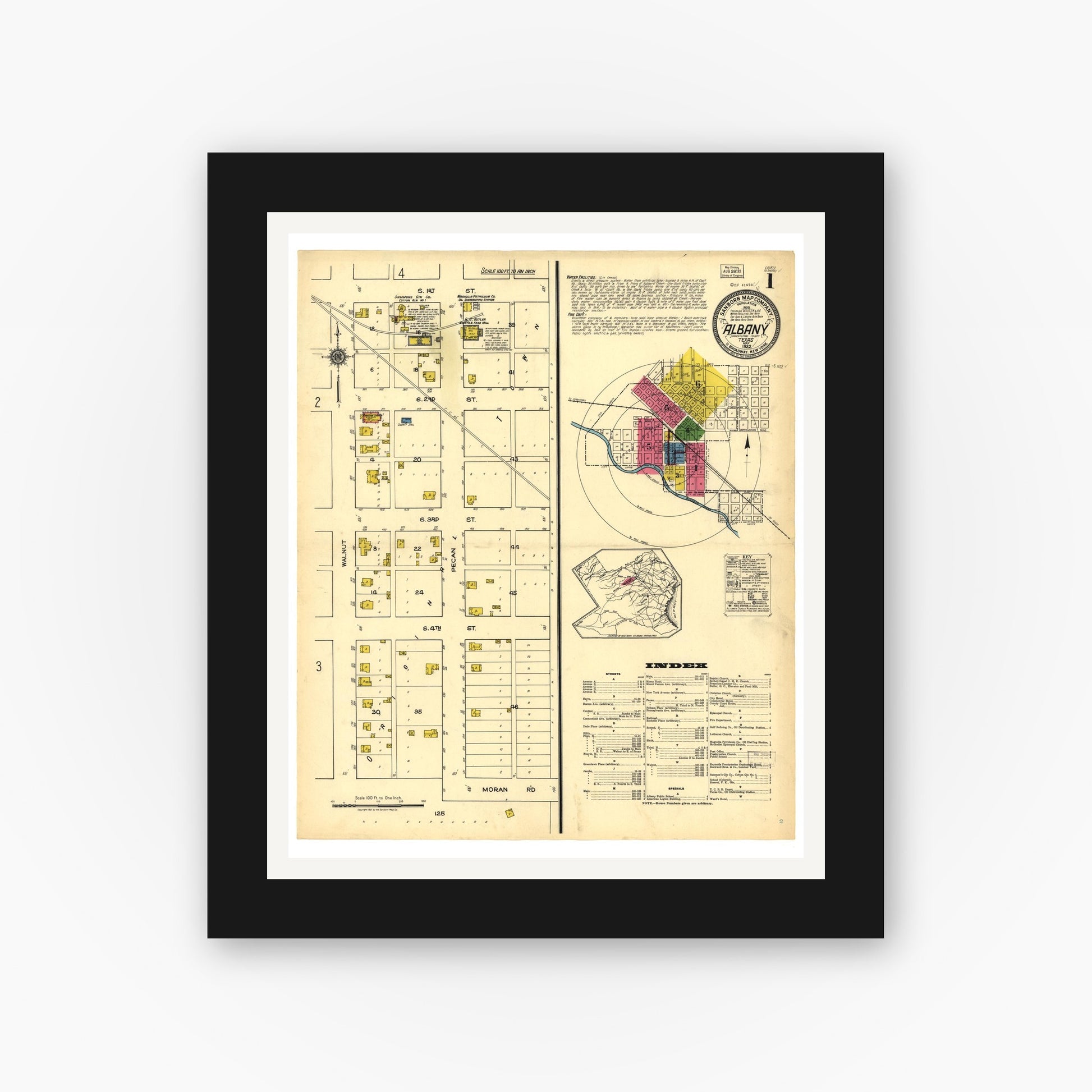 Old map wall art mockup — black gallery frame with white mat — Sanborn Fire Insurance Map from Albany, Shackelford County, Texas (1922), Sheet #0001