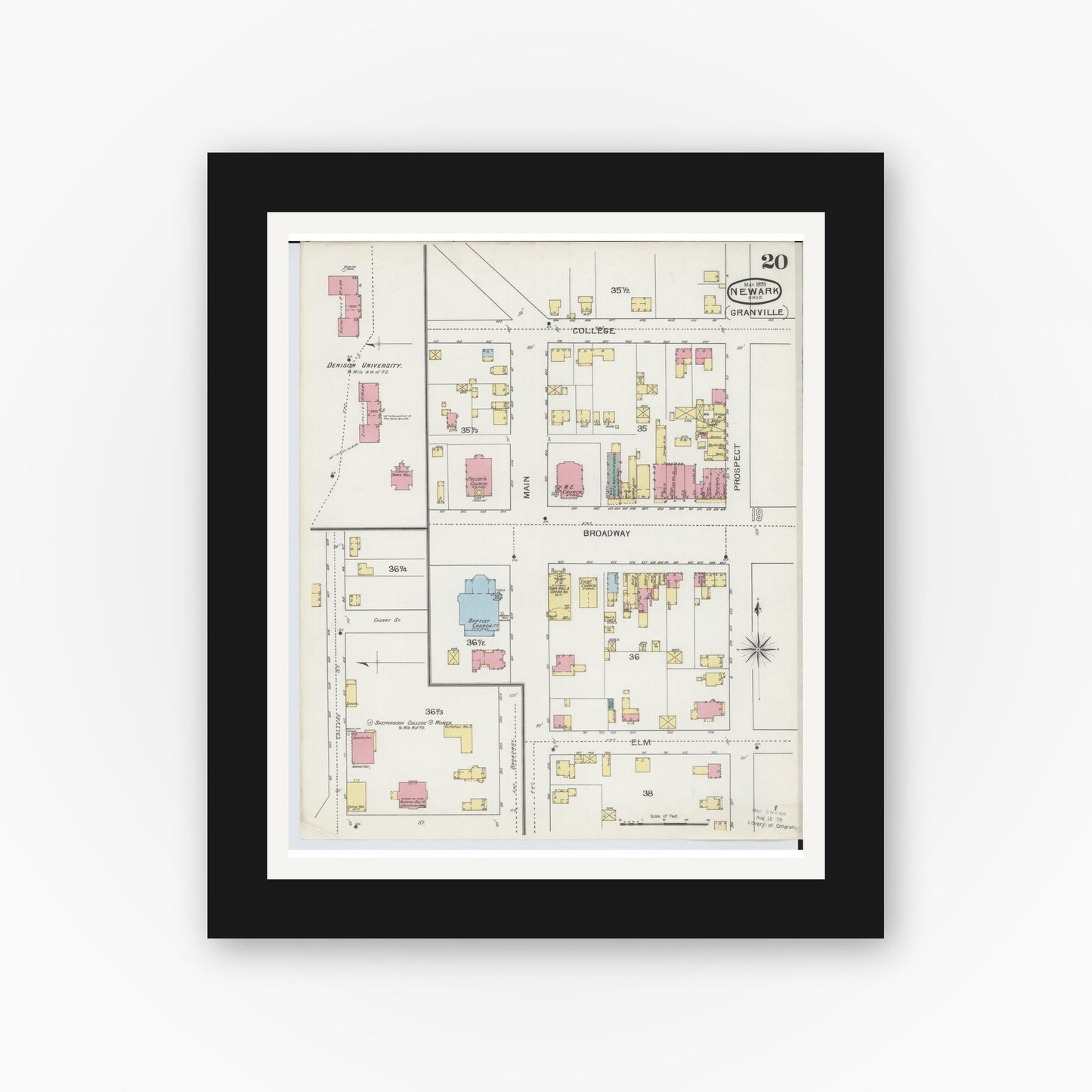 Old map wall art mockup — black gallery frame with white mat — Sanborn Fire Insurance Map from Newark, Licking County, Ohio (1893), Sheet #0020