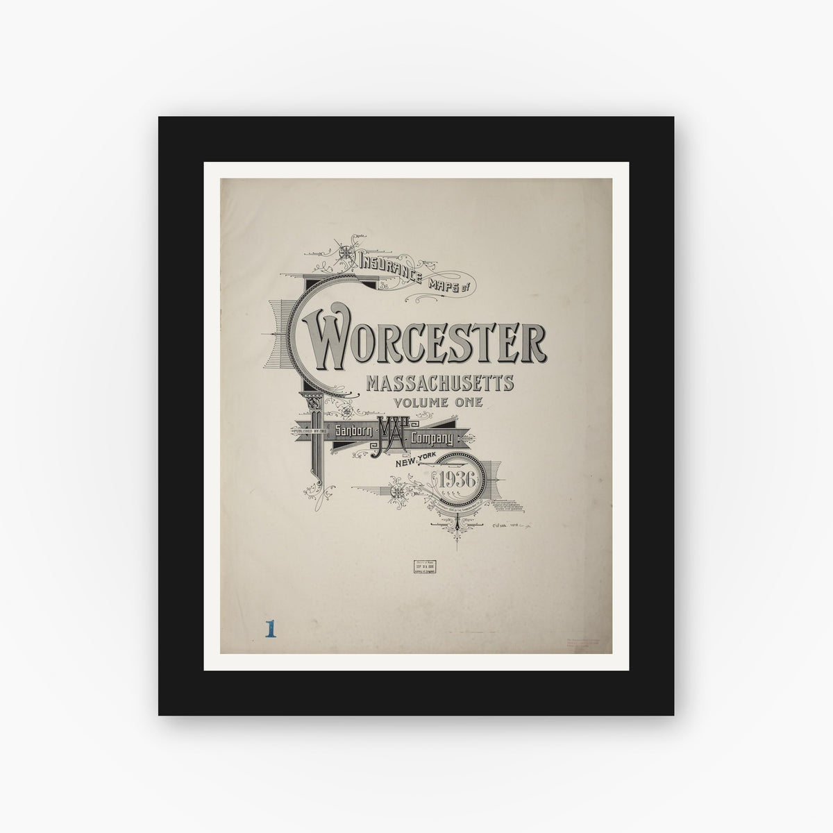 Old map wall art mockup — black gallery frame with white mat — Sanborn Fire Insurance Map from Worcester, Worcester County, Massachusetts (1936), Sheet #0001
