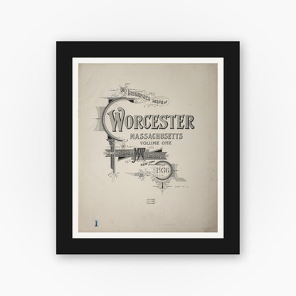 Old map wall art mockup — black gallery frame with white mat — Sanborn Fire Insurance Map from Worcester, Worcester County, Massachusetts (1936), Sheet #0001