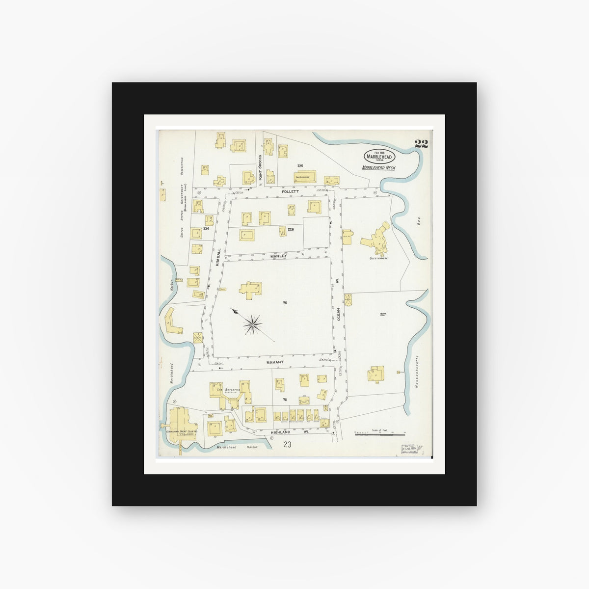Old map wall art mockup — black gallery frame with white mat — Sanborn Fire Insurance Map from Marblehead, Essex County, Massachusetts (1908), Sheet #0022
