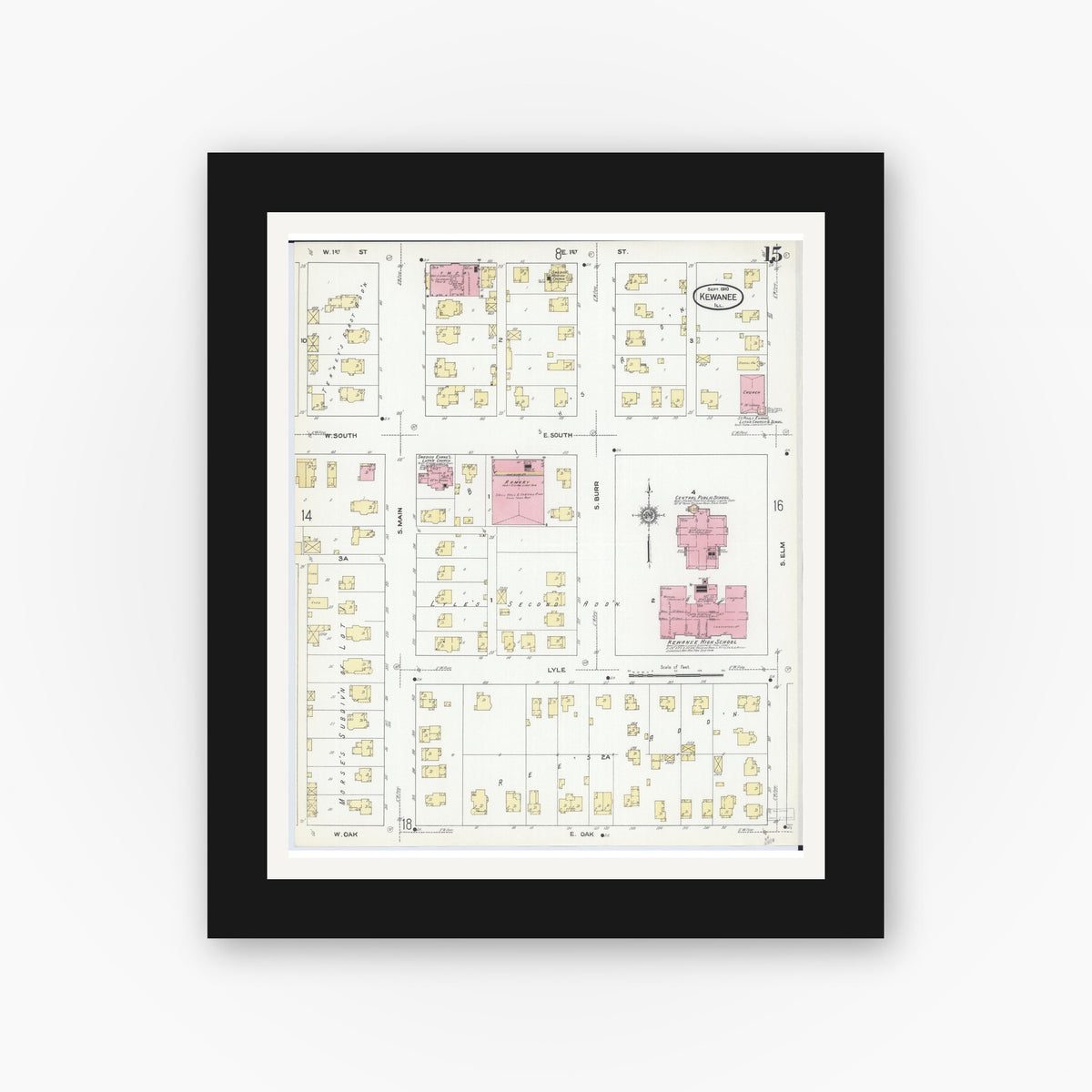 Old map wall art mockup — black gallery frame with white mat — Sanborn Fire Insurance Map from Kewanee, Henry County, Illinois (1910), Sheet #0015
