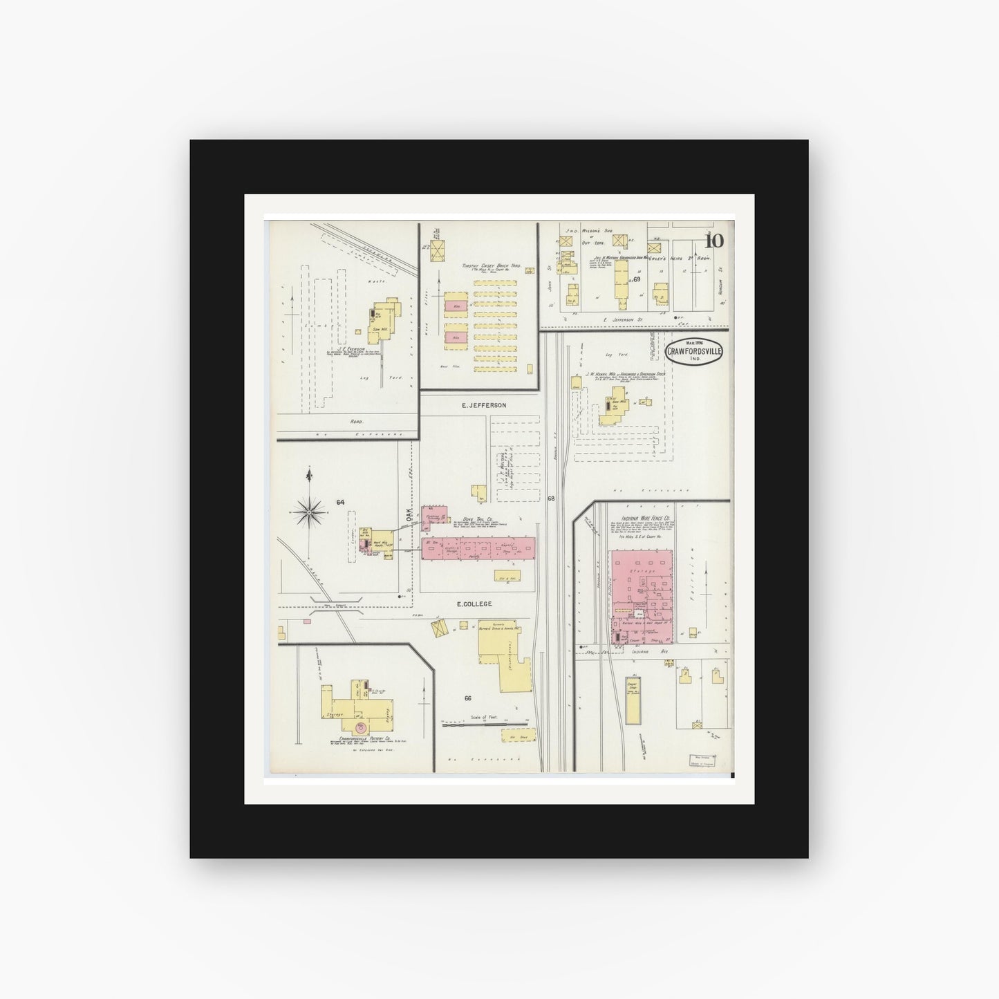 Old map wall art mockup — black gallery frame with white mat — Sanborn Fire Insurance Map from Crawfordsville, Montgomery County, Indiana (1896), Sheet #0010