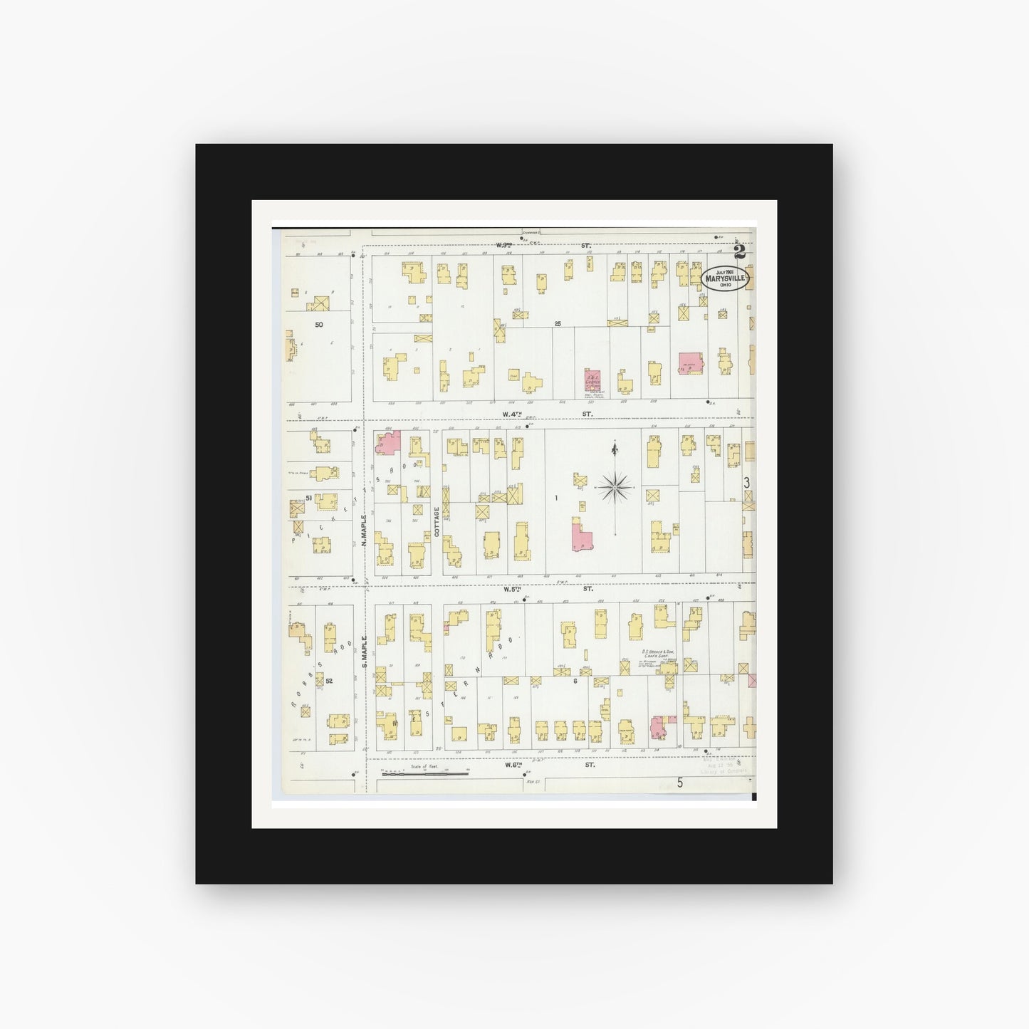 Old map wall art mockup — black gallery frame with white mat — Sanborn Fire Insurance Map from Marysville, Union County, Ohio (1901), Sheet #0002