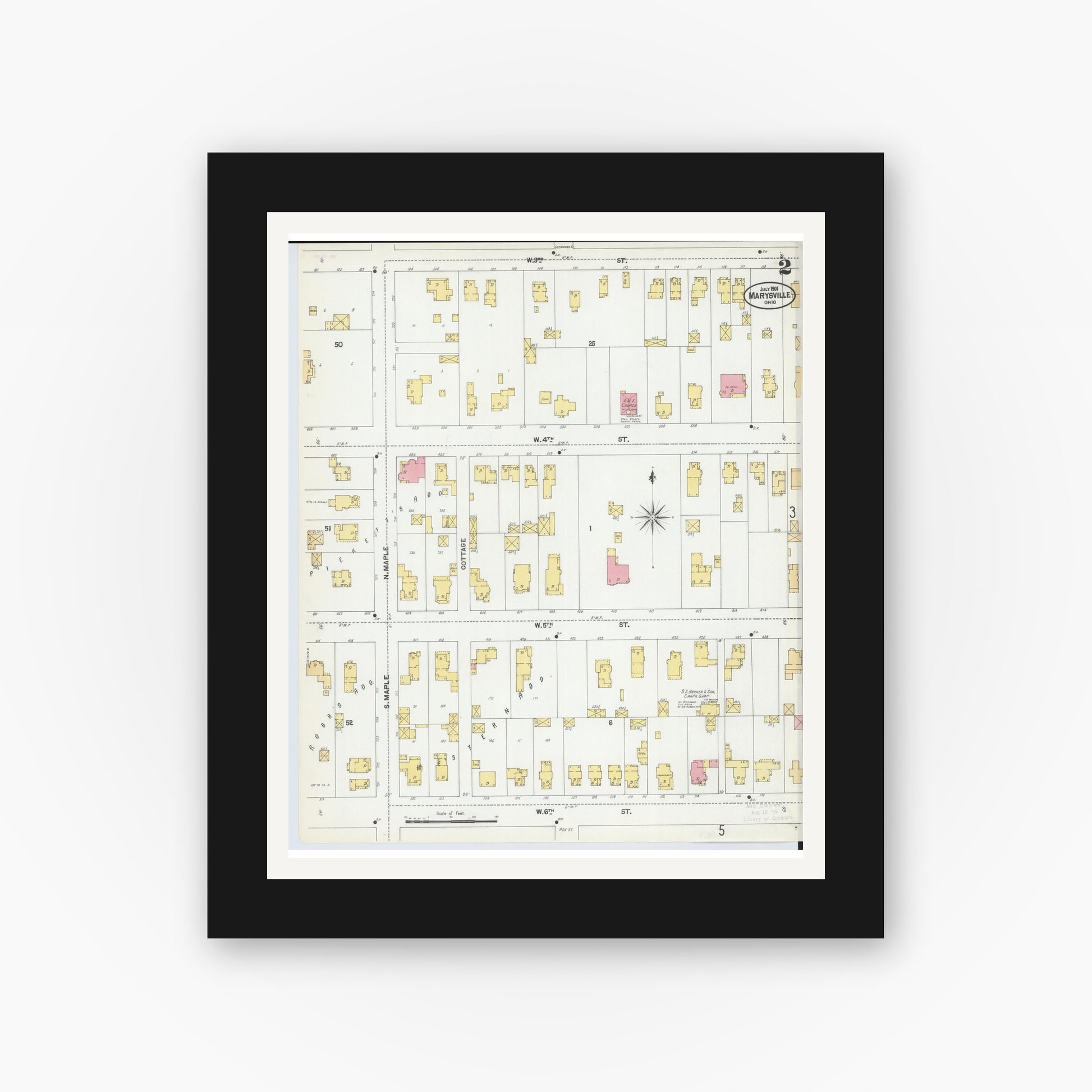 Old map wall art mockup — black gallery frame with white mat — Sanborn Fire Insurance Map from Marysville, Union County, Ohio (1901), Sheet #0002