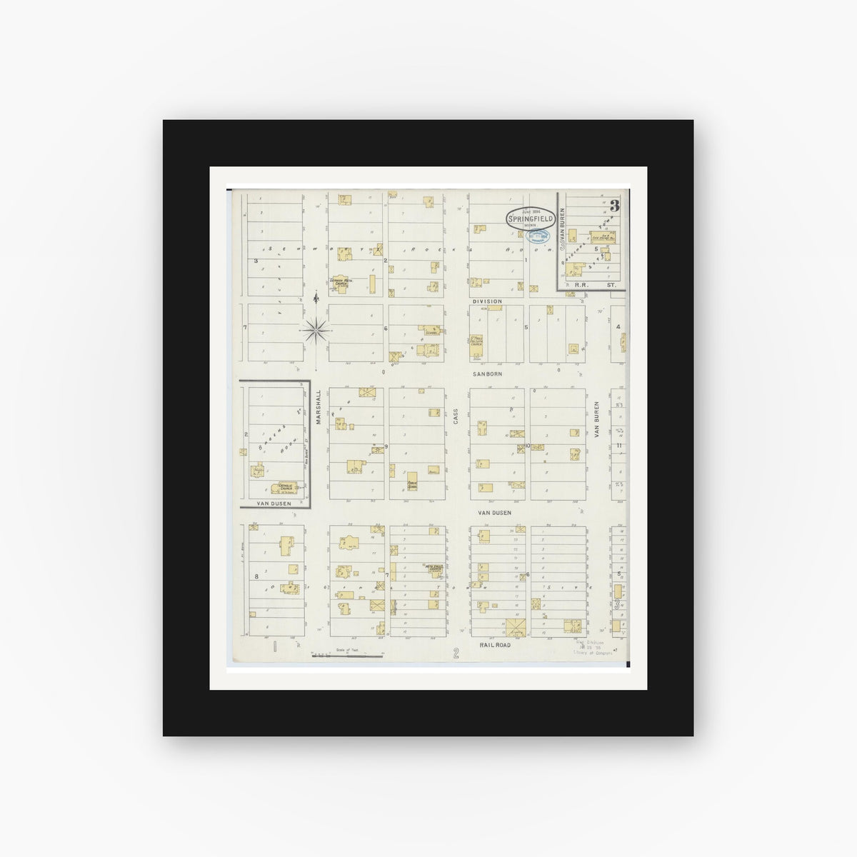 Old map wall art mockup — black gallery frame with white mat — Sanborn Fire Insurance Map from Springfield, Brown County, Minnesota (1894), Sheet #0003
