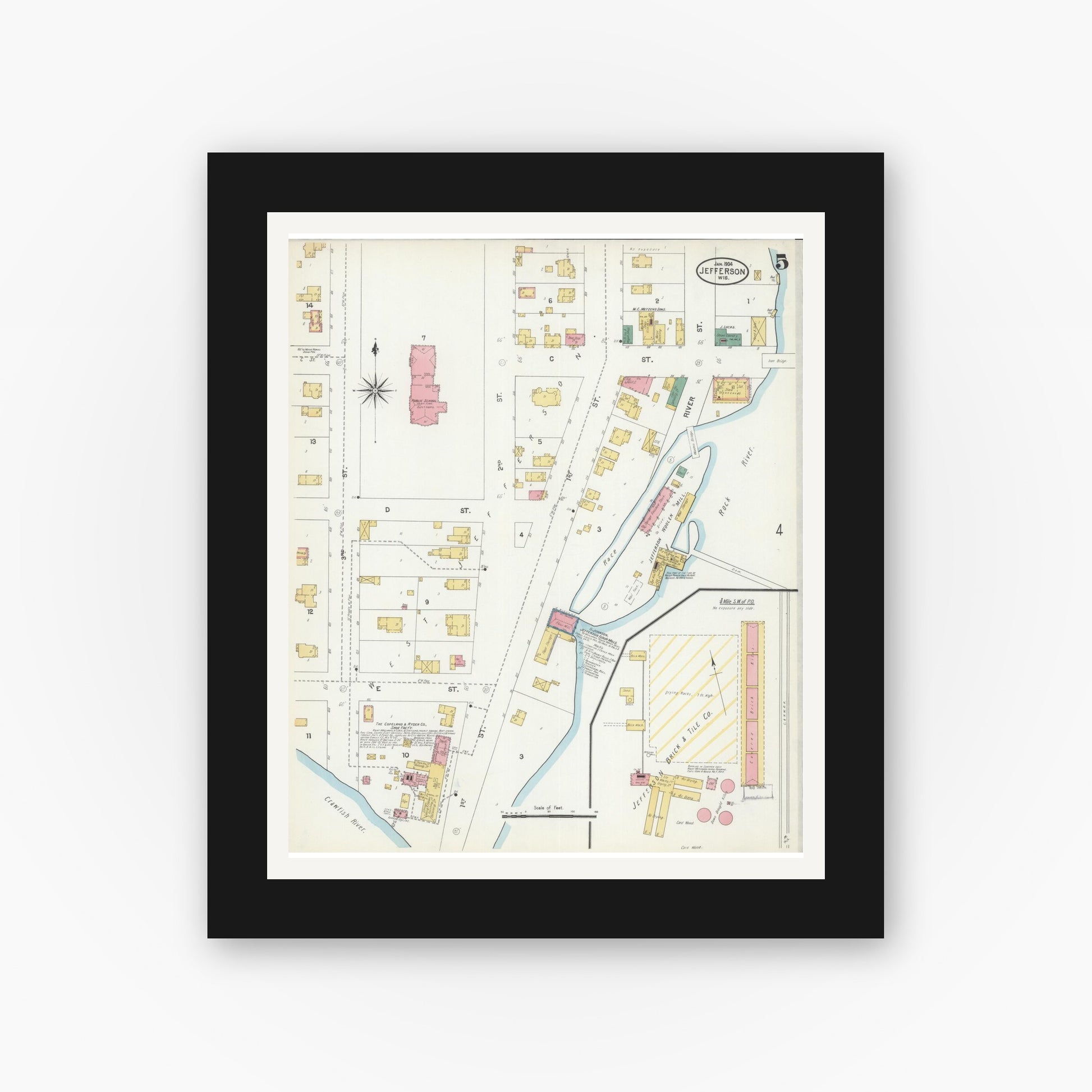 Old map wall art mockup — black gallery frame with white mat — Sanborn Fire Insurance Map from Jefferson, Jefferson County, Wisconsin (1904), Sheet #0005