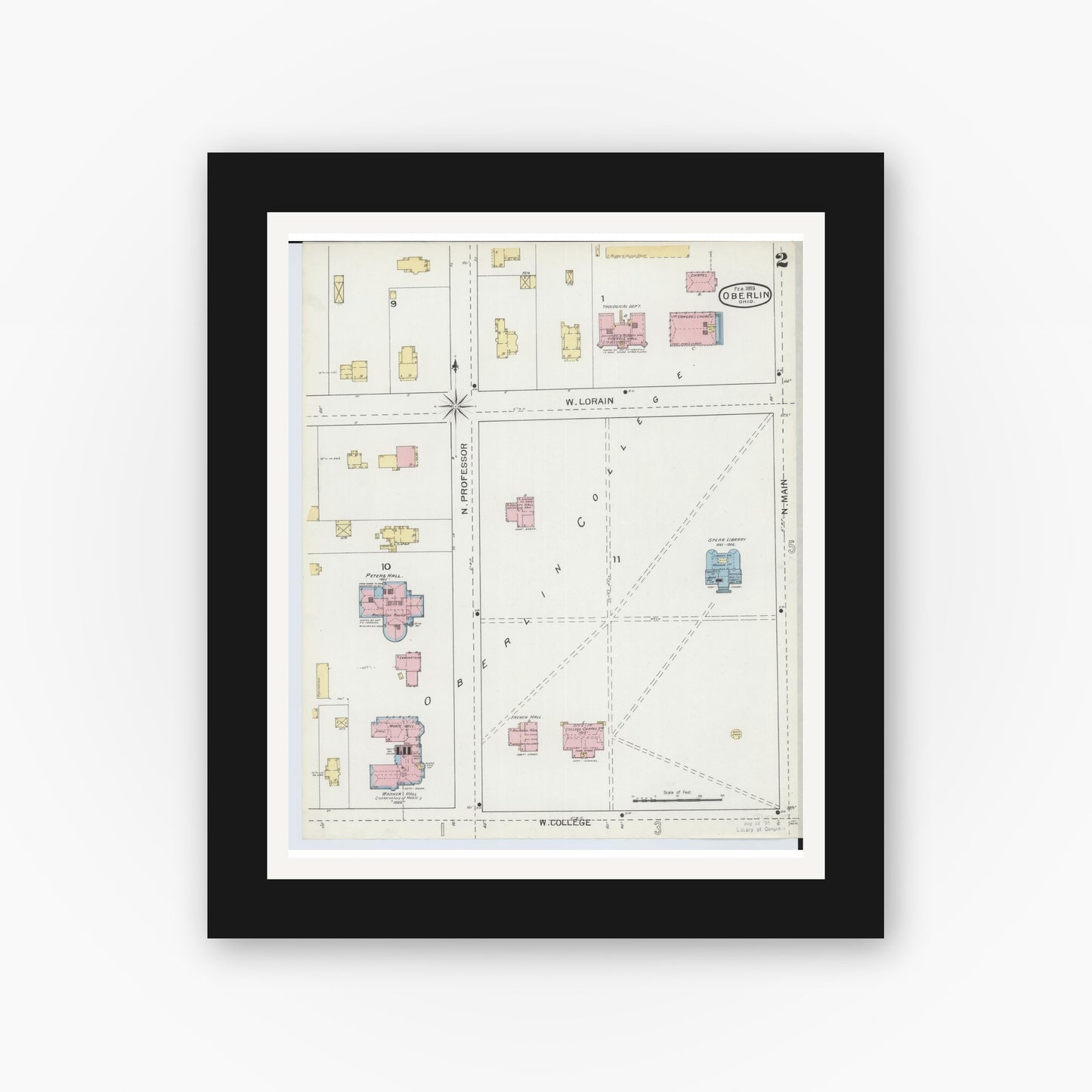 Old map wall art mockup — black gallery frame with white mat — Sanborn Fire Insurance Map from Oberlin, Lorain County, Ohio (1893), Sheet #0002