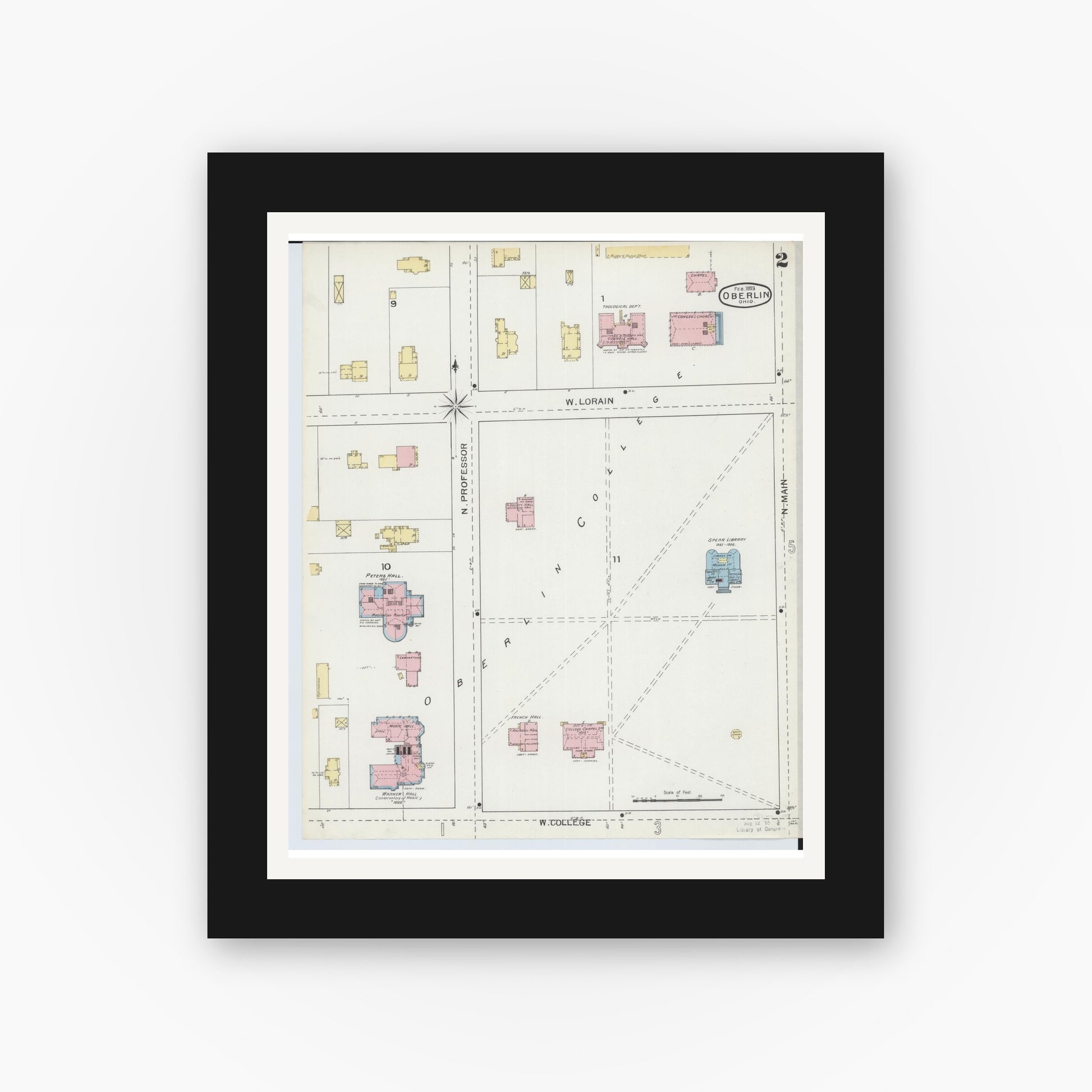 Old map wall art mockup — black gallery frame with white mat — Sanborn Fire Insurance Map from Oberlin, Lorain County, Ohio (1893), Sheet #0002